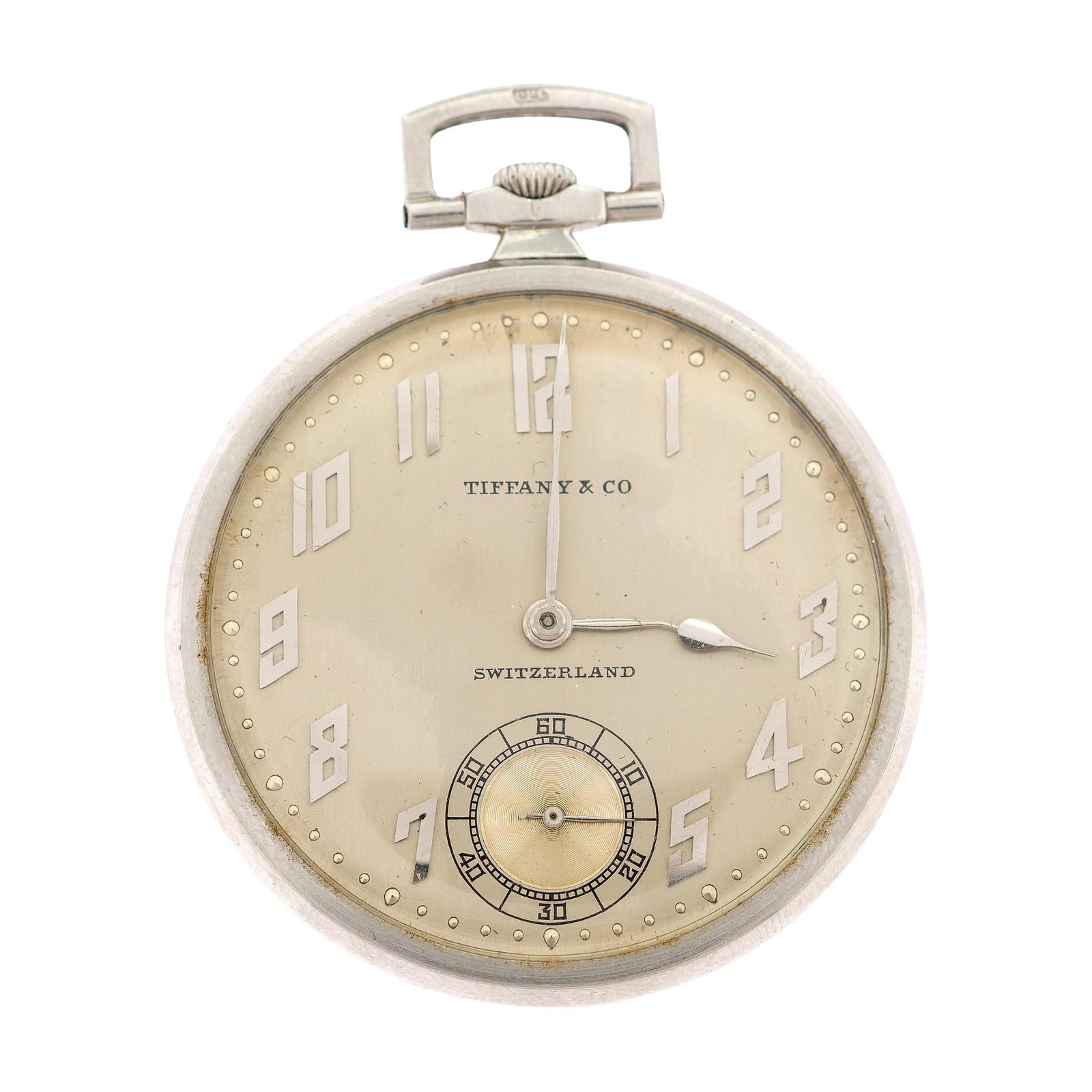 PLATINUM TIFFANY & CO. PATEK PHILIPPE POCKET WATCH.: An Art Deco, platinum (stamped), Patek Philippe made for Tiffany & Co., slim, open-face pocket watch, 42.5mm case, acrylic crystal, mechanical movement #823105, 18 jewels, 5 adjustments, 47.5 grams