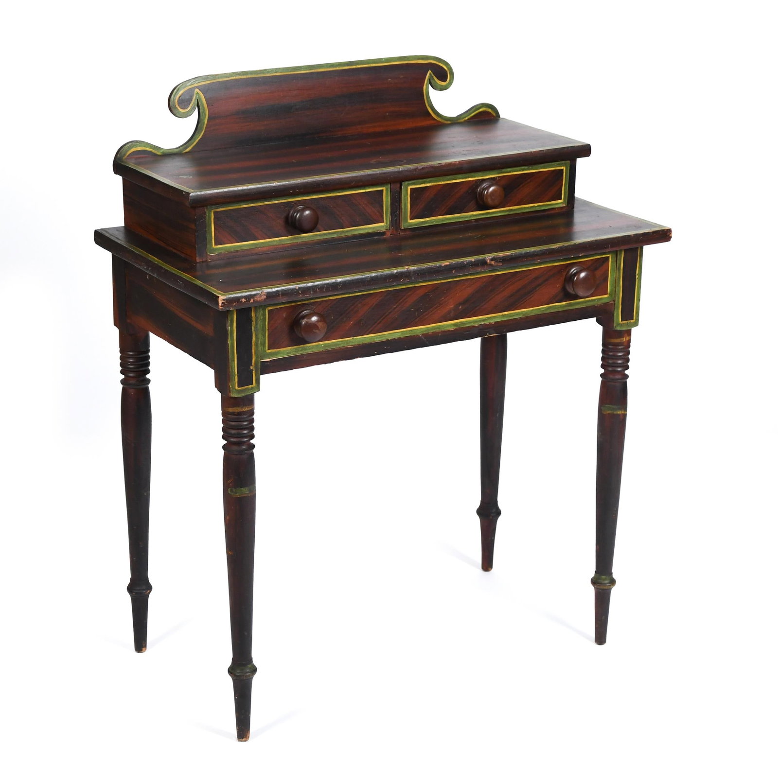 19TH C. PAINT DECORATED MAINE DRESSING TABLE.: A ca. 1820-1830 paint decorated Maine step top dressing table, the scrolled backsplash over a stepped upper case fitted with two short drawers, the lower top over a single long drawer, raised on ring
