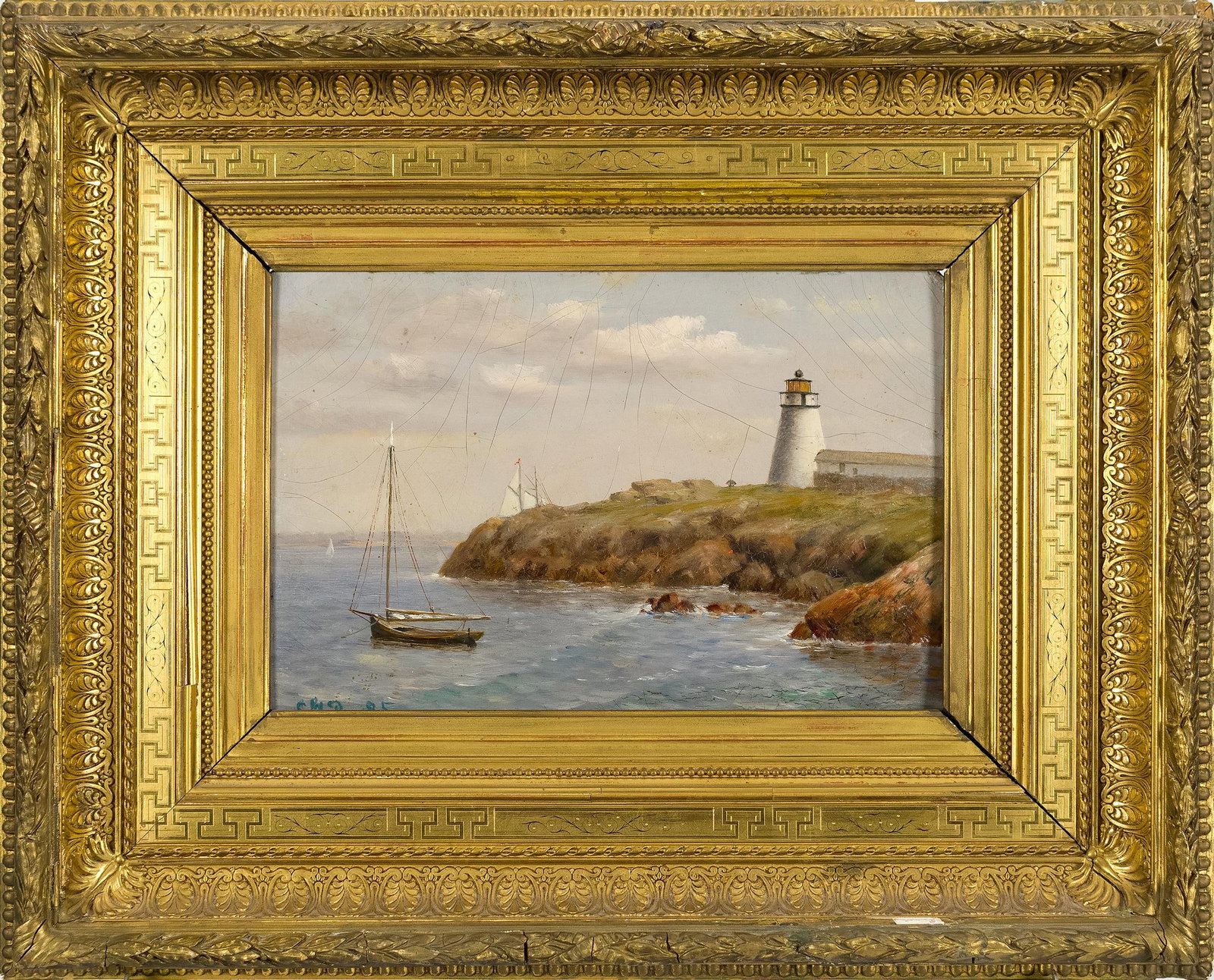 CHARLES GRAFTON DANA OIL, MARBLEHEAD LIGHT.: Charles Grafton Dana (American, 1843-1926). A view of Marblehead Light, the whitewashed tower and keeper’s house standing on the rocky point above the harbor, a moored sloop in the foreground