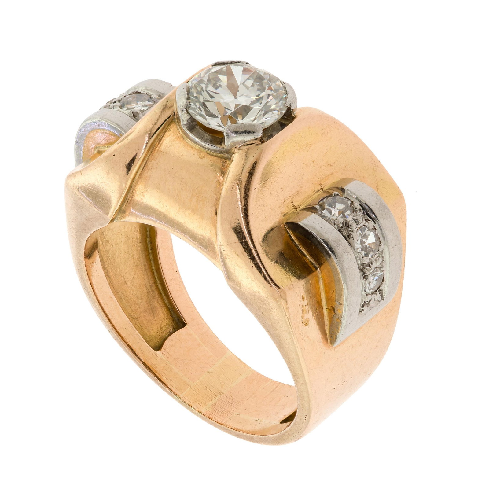 RETRO 14K GOLD 1.0 CT. DIAM RING.: A ca. 1940, 14k yellow gold and platinum (tested), retro-style ring, set with an approx. 1.05 ct., transitional cut, natural diamond of I-J color and VS-VVS clarity with approx. .18 ct. tw., single