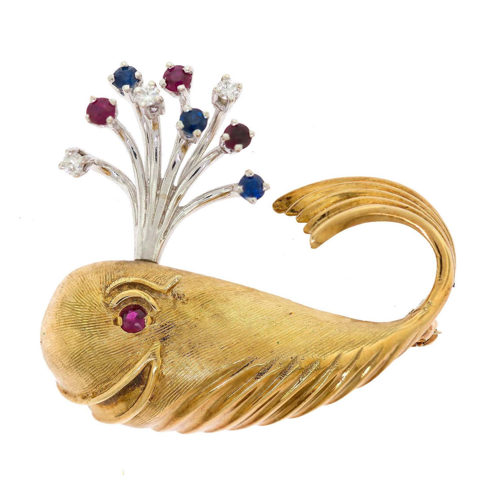 F&F FELGER 14K GOLD SAPPH., RUBY & DIA. WHALE PIN.: A vintage, signed, F&F Felger (FFF), 14k yellow gold (stamped), whale pin with spray, set with approx. .50 ct. tw. round brilliant cut, natural diamonds of G-H color and VS clarity, with faceted