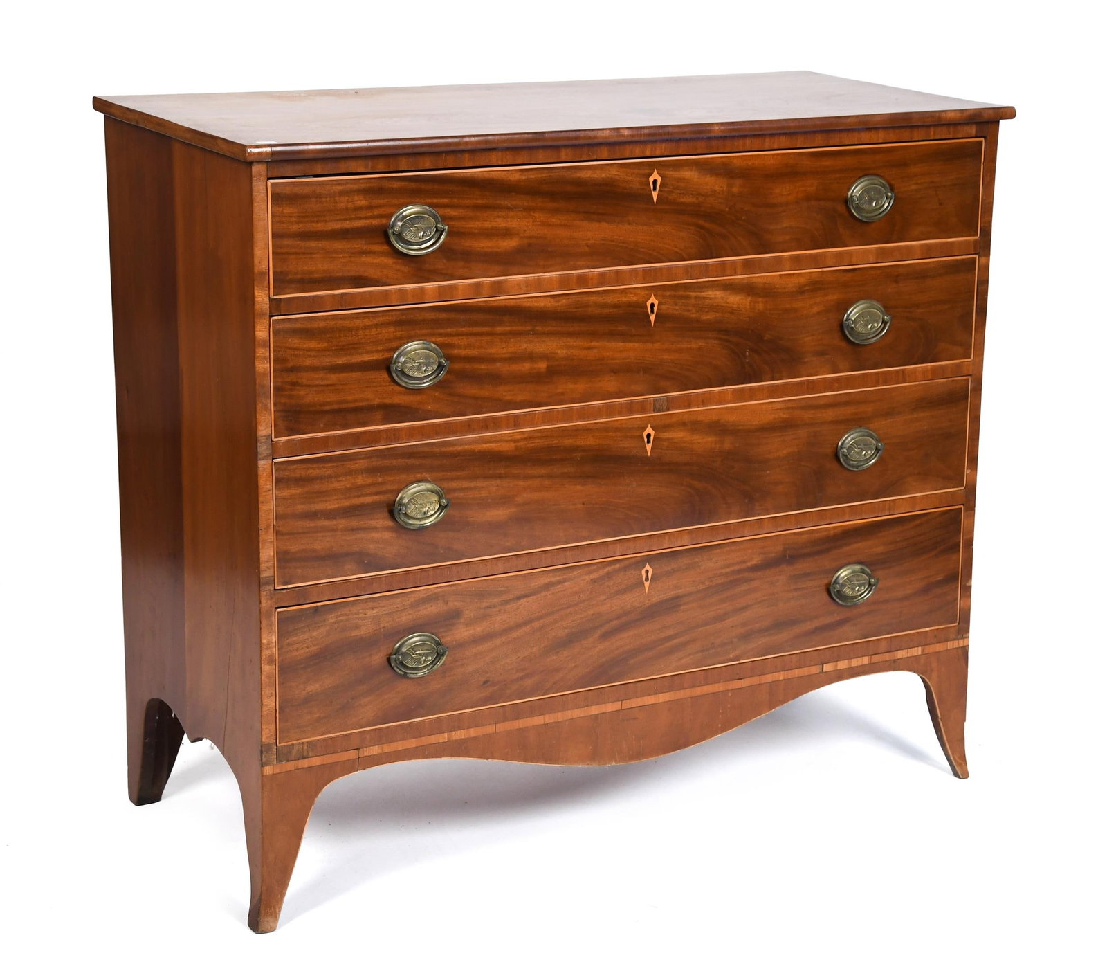 DIMINUTIVE HEPPLEWHITE INLAID CHERRY CHEST.: A ca. 1800 diminutive Hepplewhite inlaid cherry four drawer chest, the cherry top with crossbanded edge over four line inlaid graduated drawers with diamond escutcheons, retaining the original oval br