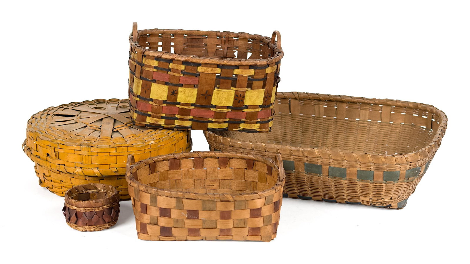 FIVE 19TH C. AMERICAN SPLINT BASKETS. (1 of 1)