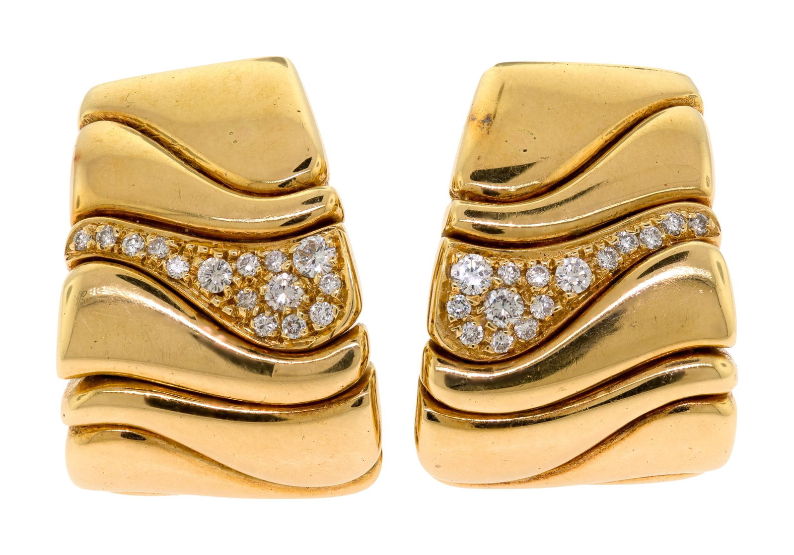 VINTAGE 18K GOLD MARIANA B DIAMOND CLIP EARRINGS.: A pair of vintage, signed Marina B, 18k yellow gold (stamped), marked C 3598, set with approx. .40 ct. tw., round brilliant cut, natural diamonds of G-H color and VS clarity, 1 inch long, 46.8 grams,