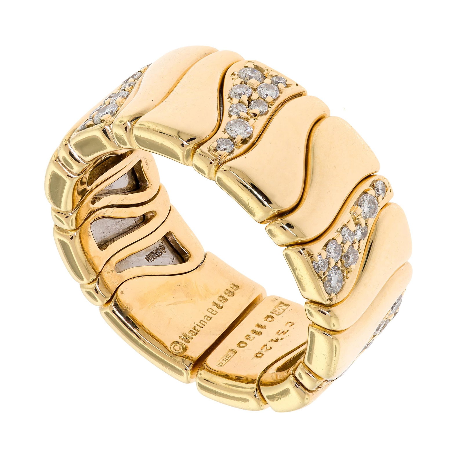 VINTAGE 18K GOLD MARINA B DIAMOND RING.: A vintage, signed Marina B, 1988, 18k yellow gold (stamped), marked C1130 & C3120, set with approx. .50 ct. tw., round brilliant cut, natural diamonds of G-H color and VS. Ring size 8 (adjustable,