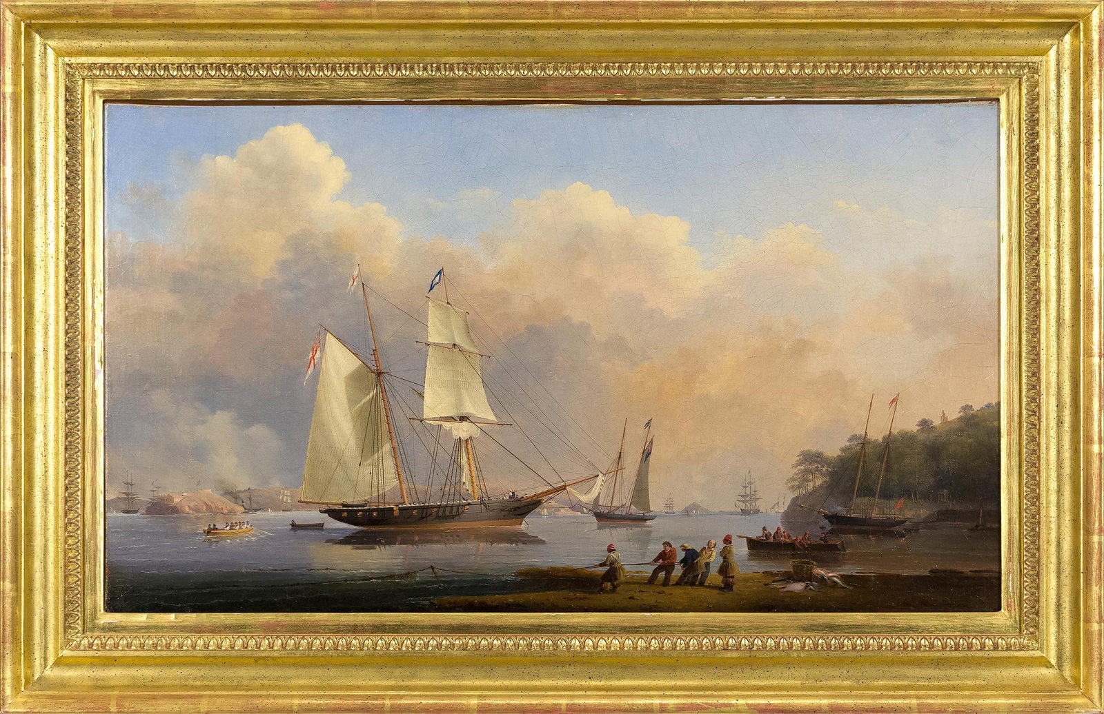 19TH C. ITALIAN OIL ON CANVAS, HARBOR SCENE.: A 19th C. harbor scene, possibly Italian, showing an armed cutter flying the white ensign lying becalmed off a fortified point, with a lugger, a frigate and further shipping beyond, and figures
