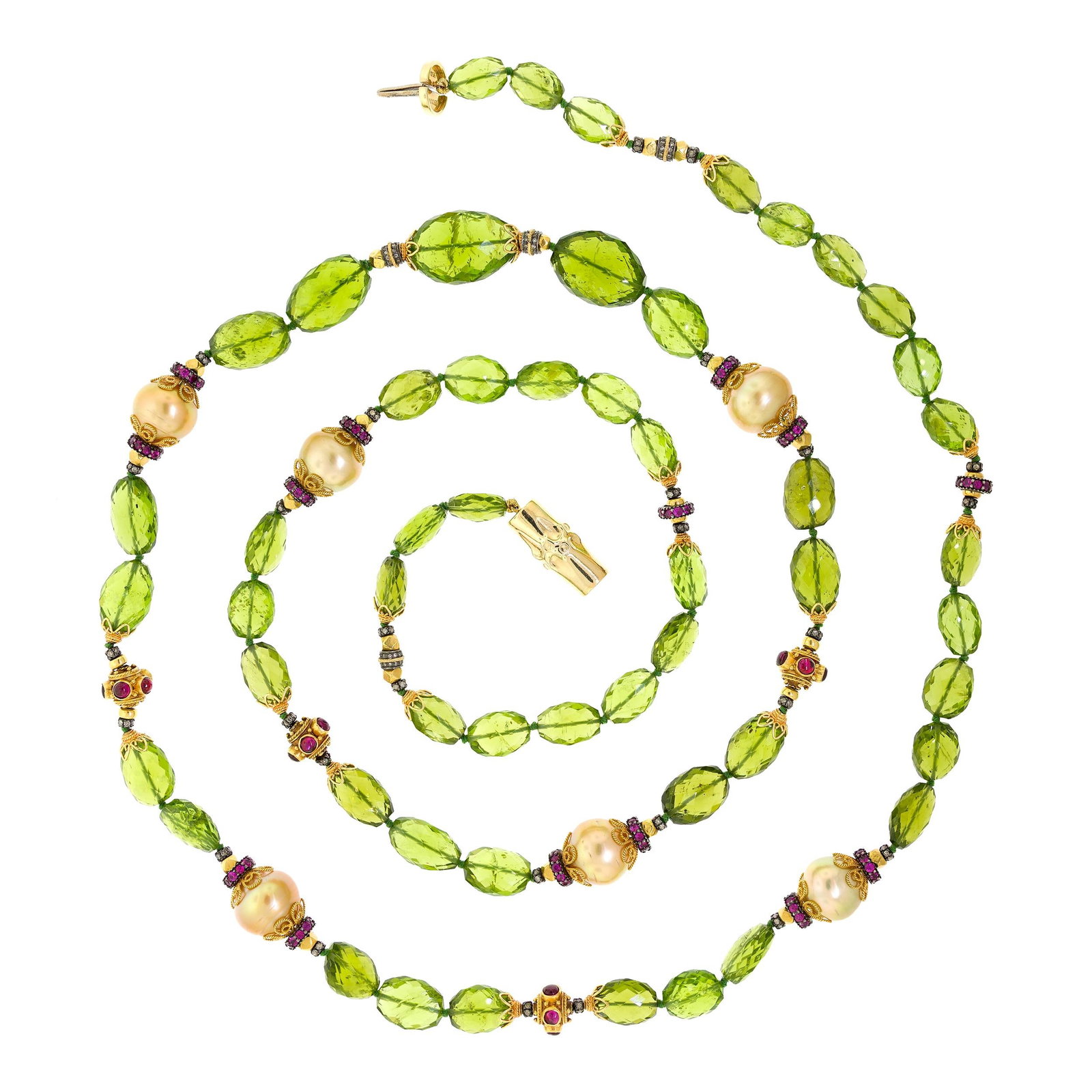 VERDURA 18K GOLD PERIDOT, RUBY & PEARL NECKLACE.: A signed, Verdura, 18k yellow gold (stamped clasp), necklace with faceted, medium, yellowish-green, peridot beads, 22 x 15.5mm to 12 x 8.5mm, golden, South Sea pearls, 13.5 to 14.3mm in dia., lightly 