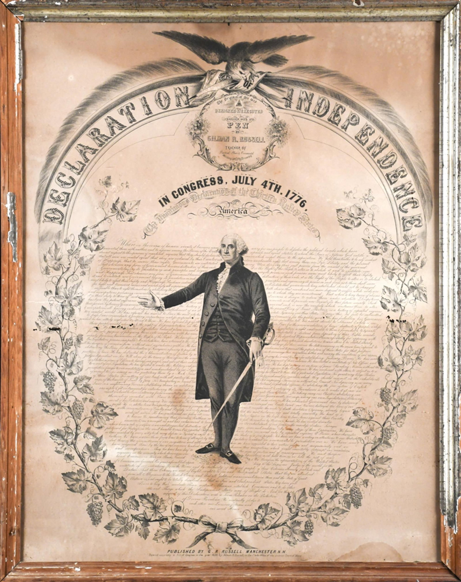 1856 DECLARATION OF INDEPENDENCE PEN BROADSIDE.: An 1856 lithographed Declaration of Independence broadside after a pen work original by Gilman R. Russell, teacher of practical, plain and ornamental writing and drawing, published by G. R. Russell,