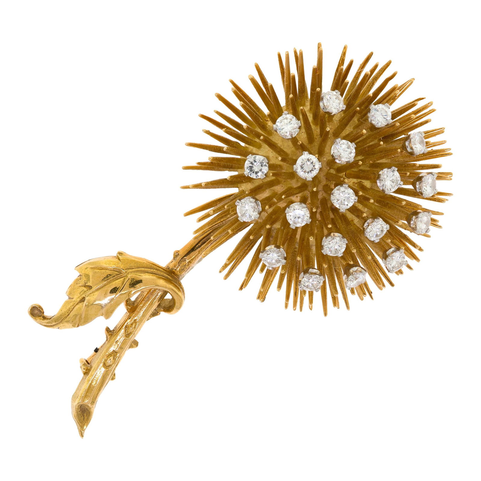 VINTAGE REGNER DIAMOND THISTLE BROOCH.: A vintage, signed Regner, 18k yellow gold (stamped & tested, French hallmarks), thistle brooch, set with approx. 1.33 ct. tw., round brilliant cut, natural diamonds of G color and VS clarity, 2 3/8