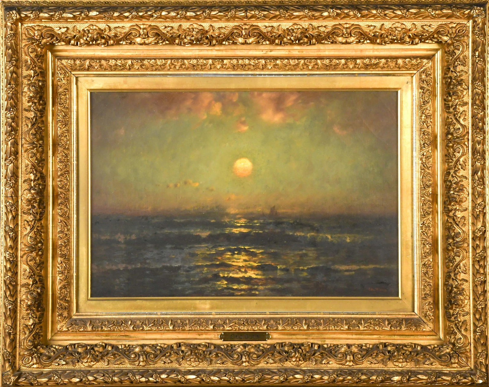 GEORGE BUNN OIL, SEASCAPE.: George Bunn (1885 - 1898) oil on canvas, nocturnal luminist seascape, with a full moon over waves, signed lower right Geo. Bunn. Image 12” x 17.5”, Framed behind glass23” x
