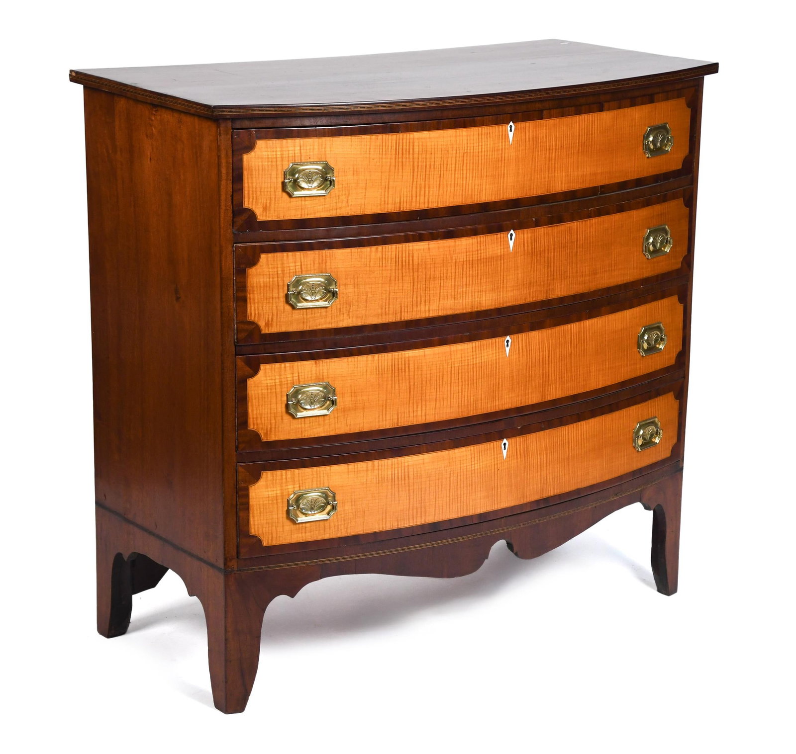 19TH C. FEDERAL TIGER MAPLE BOWFRONT CHEST. (1 of 11)