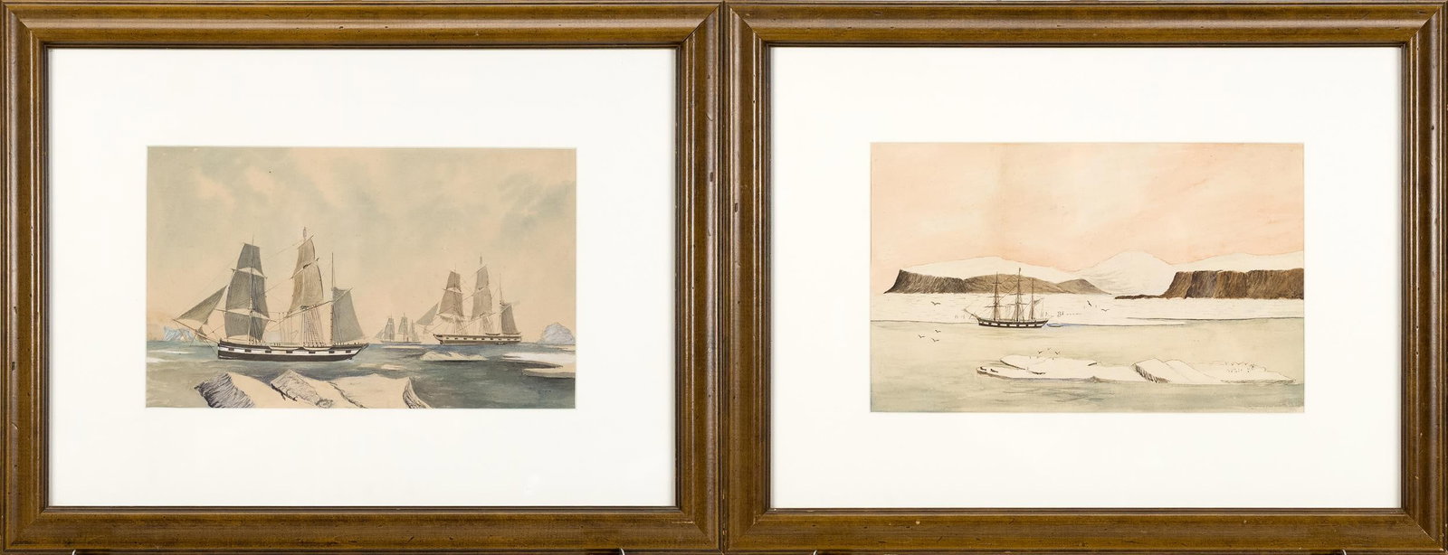 PAIR 19TH C. ARCTIC MARINE WATERCOLORS.: Two 19th C. Arctic marine watercolors, possibly whaling scenes, including: a topsail schooner and a full rigged ship under sail among ice floes, with further vessels and icebergs beyond; a single