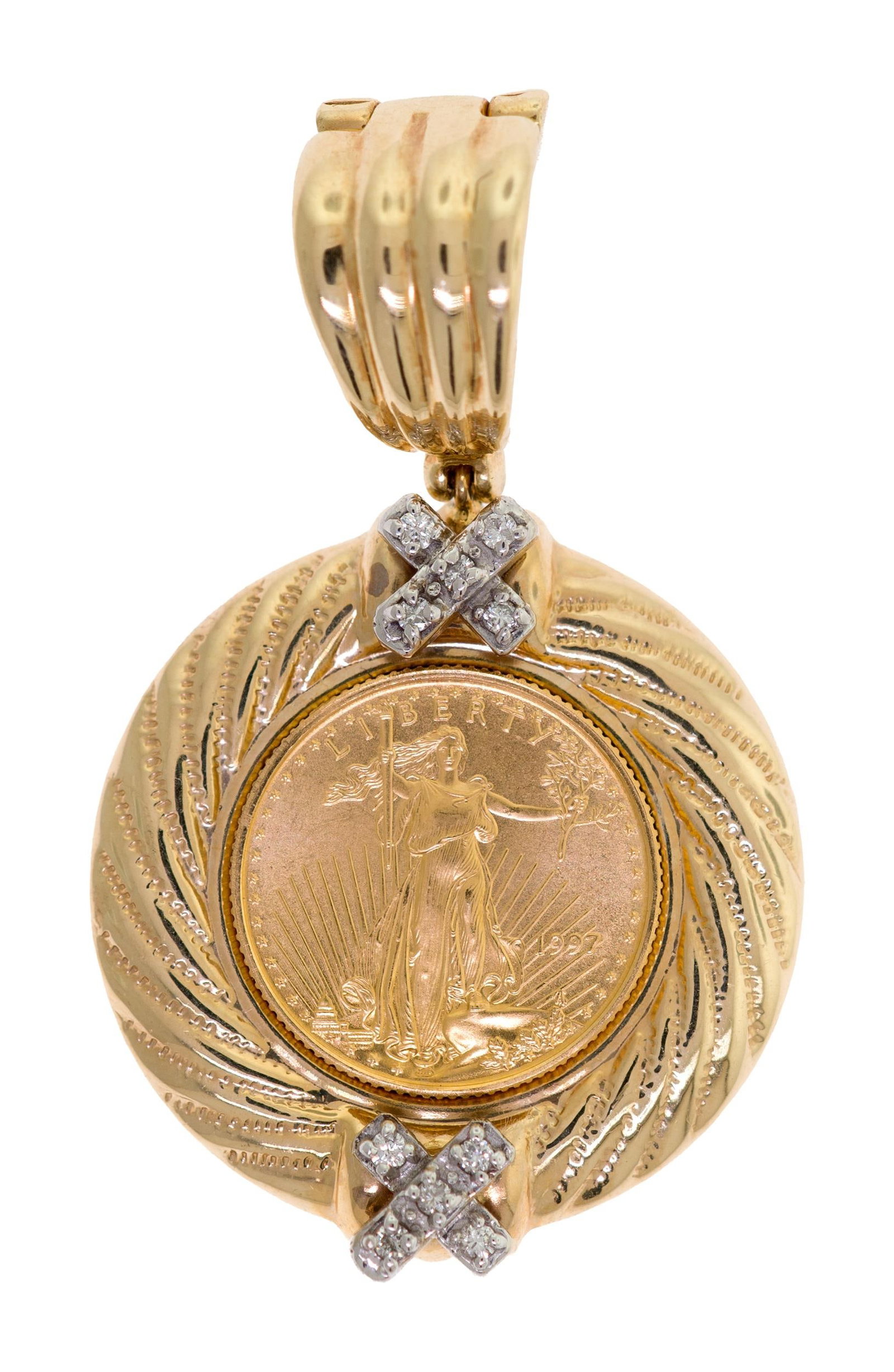 14K GOLD 1997 ST. GAUDEN'S COIN DIAMOND PENDANT. (1 of 7)