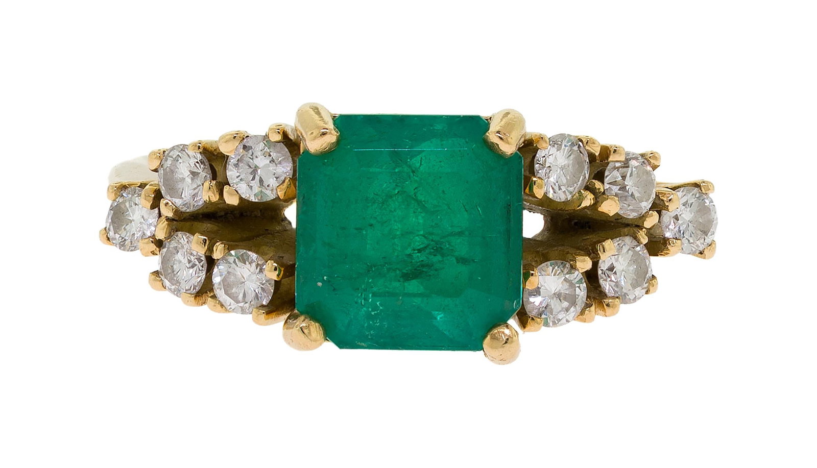 18K GOLD 1.5 CT. EMERALD & DIAMOND RING.: An 18k yellow gold (stamped) ring set with an approx. 1.5 ct., square emerald cut, medium green emerald with approx. .40 ct. tw., round brilliant cut, natural diamonds of H-I color and VS-SI clarity.