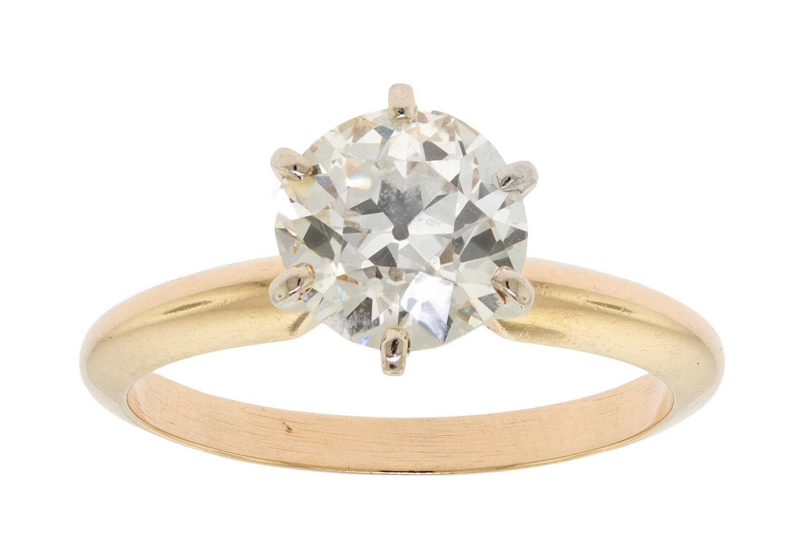 14K GOLD 1.5 CT. OLD EURO CUT DIAMOND SOLITAIRE RING.: A 14k yellow gold (stamped), solitaire engagement ring set with an approx. 1.50 ct., Old European cut, natural diamond of M-N color and VVS clarity, measuring, 7.38-7.31 x 4.45mm deep (approx.). Ring 