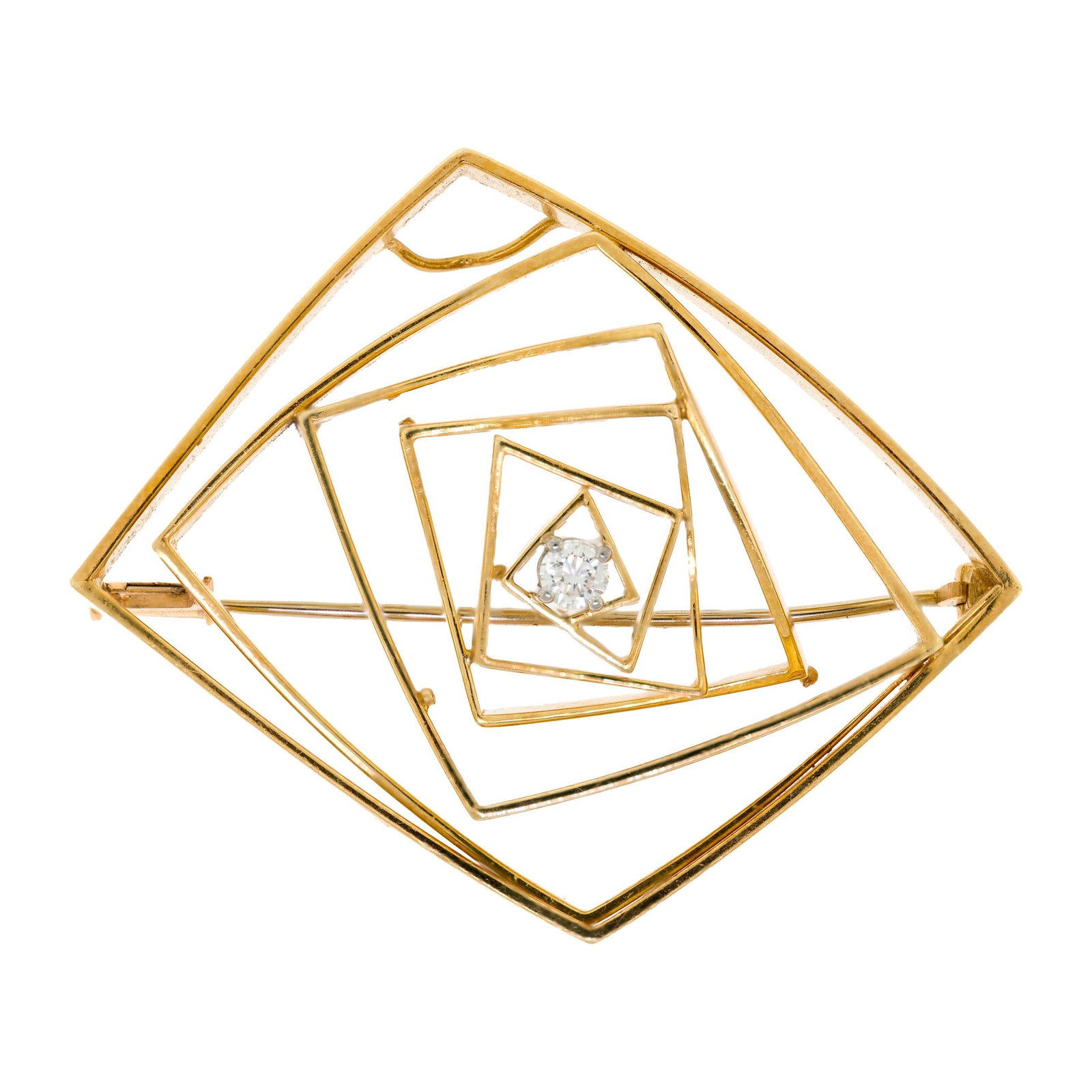 VINTAGE GEOMETRIC 18K GOLD DIAMOND PIN.: A vintage, geometric, 18k yellow gold (stamped, B hallmark) pin set with approx. .14 ct., round brilliant cut, natural diamond of G-H color and VS clarity, 2 inches long, 16.9 grams.
