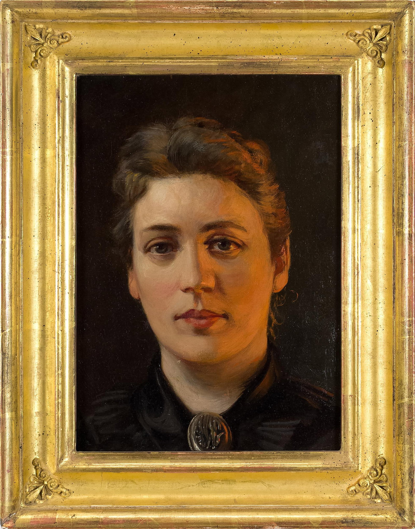 ATTRIB. CHARLES H. TURNER OIL, WOMAN IN FIRELIGHT.: Attributed to Charles Henry Turner, portrait of a woman, oil on canvas, unsigned. The sitter shown bust length turned slightly to the left against a dark ground, wearing a black dress fastened at the