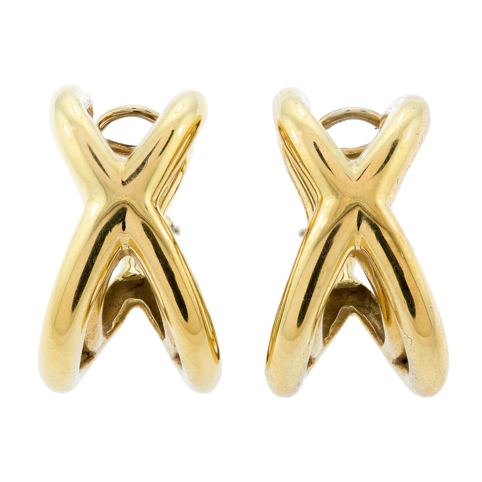 18K GOLD TIFFANY & CO. DOUBLE ”X” CLIP EARRINGS.: A pair of signed, Tiffany & Co., 18k yellow gold (stamped), double ”X” clip earrings, 1 1/8 inches long, 16mm wide, 23.2 grams. Provenance: a prominent Washington, DC family.