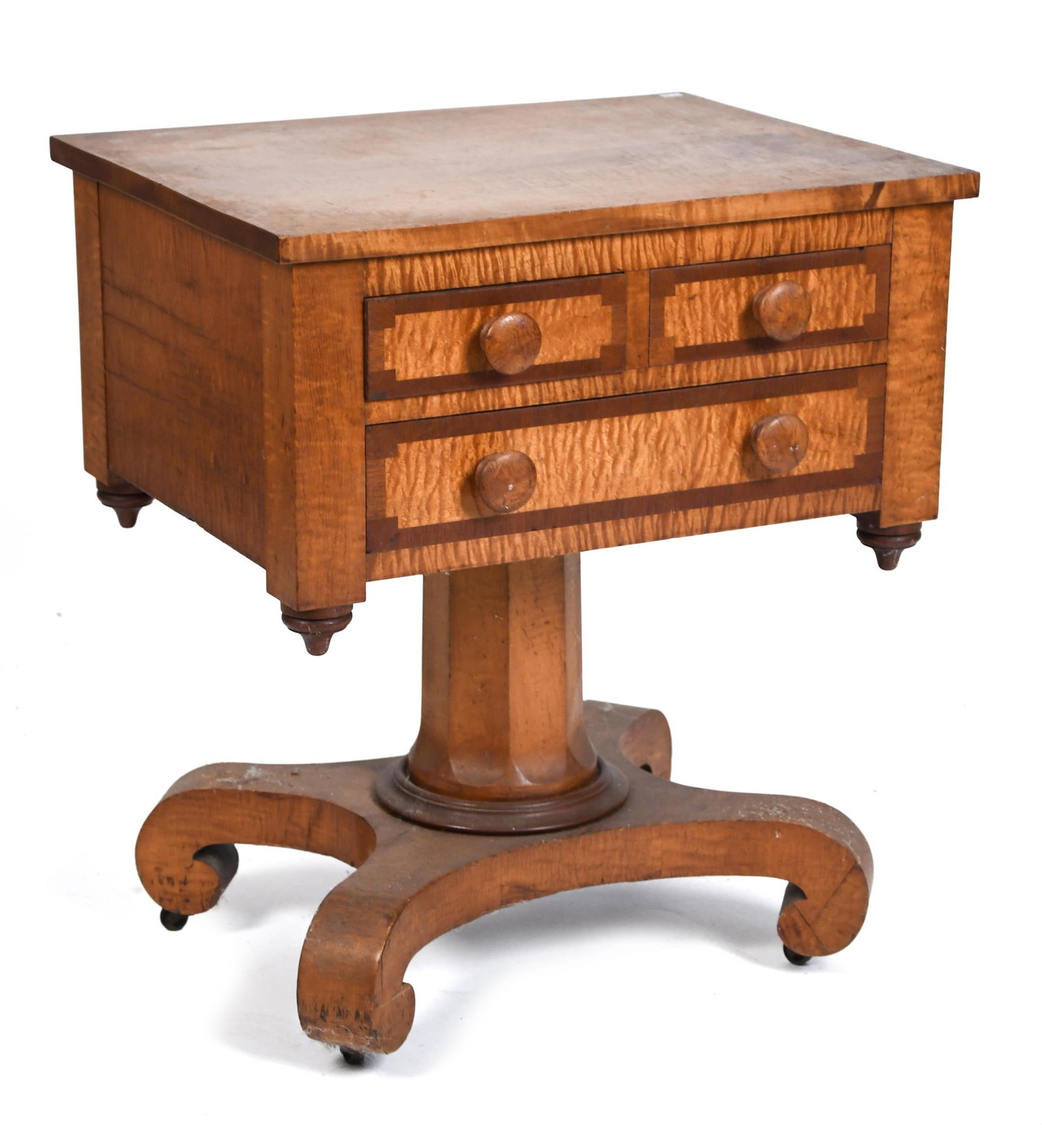 19TH C. AMERICAN TIGER MAPLE WORK STAND. (1 of 12)
