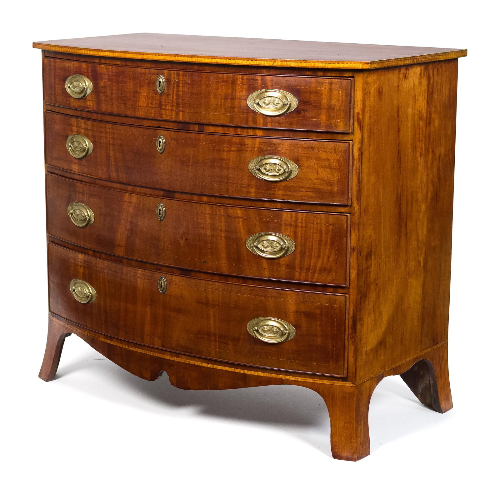 19TH C. CT INLAID CHERRY BOW-FRONT CHEST. (1 of 14)