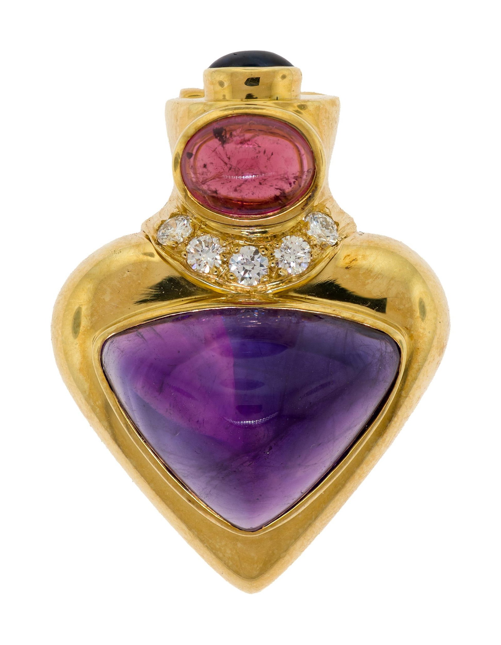 LAGOS 18K GOLD AMETHYST & MULTI-STONE PIN/PENDANT.: A signed, Lagos, 18k yellow gold (stamped) pin/pendant with open and close bail, set with an approx. 11 ct., pyramid cabochon cut, dark purple amethyst, approx. 2 ct. oval cabochon, medium pink tourma