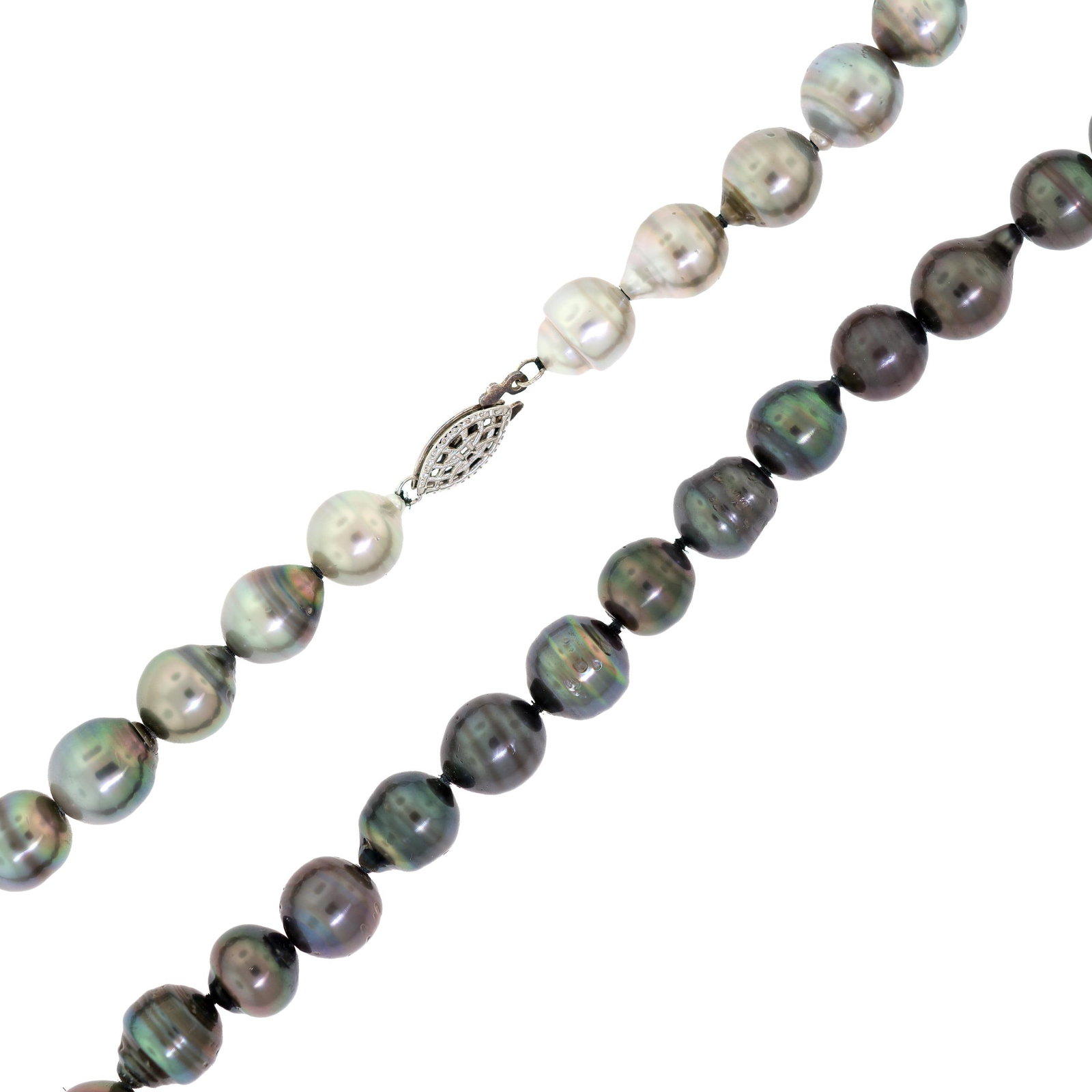 TAHITIAN BLACK, SILVER & EGGPLANT PEARL NECKLACE.: A Tahitian black pearl necklace, 9-10mm, baroque or circle pearls, ranging in color from silver to eggplant and peacock, lightly to moderately blemished, good to very good luster, 23 3/4 inches long.