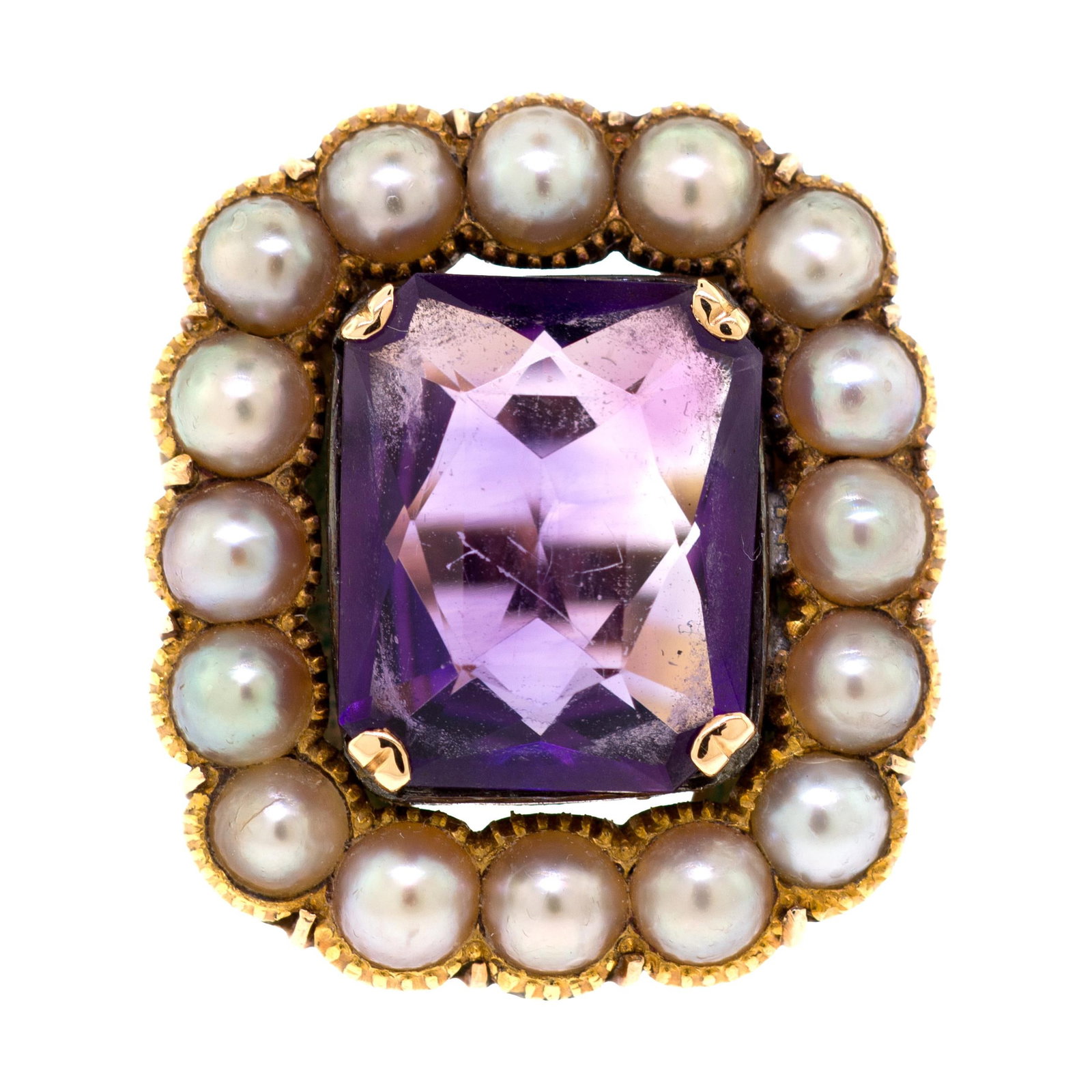 VINTAGE 14K GOLD AMETHYST & PEARL RING.: A vintage, 14k yellow gold (tested) ring, set with an approx. 9.5 ct., rectangular brilliant cut, medium purple amethyst and half pearls, 4mm, dark cream with pink and purple overtones. Ring size 5