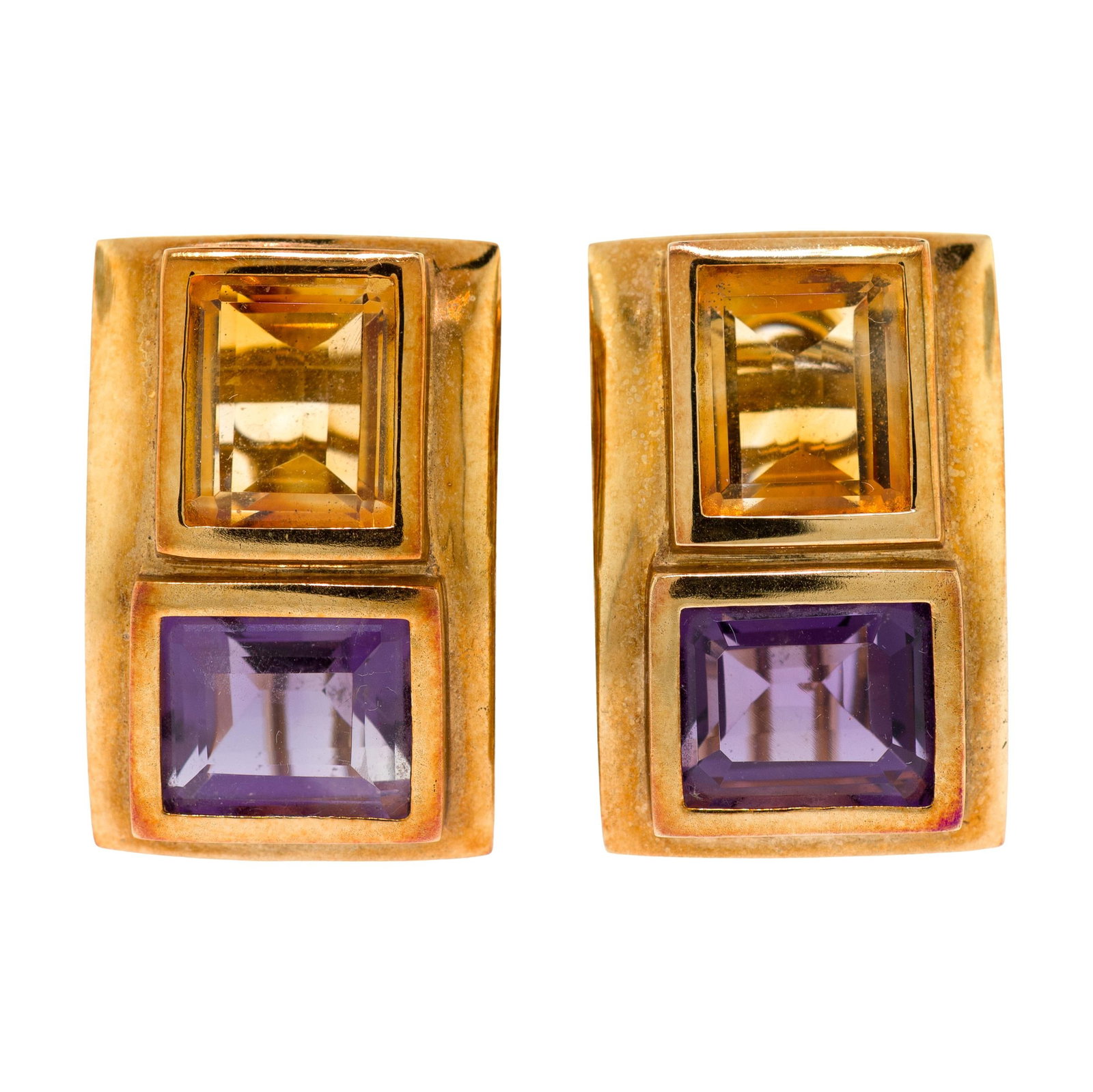 VINTAGE 14K GOLD AMETHYST & CITRINE CLIP EARRINGS. (1 of 8)