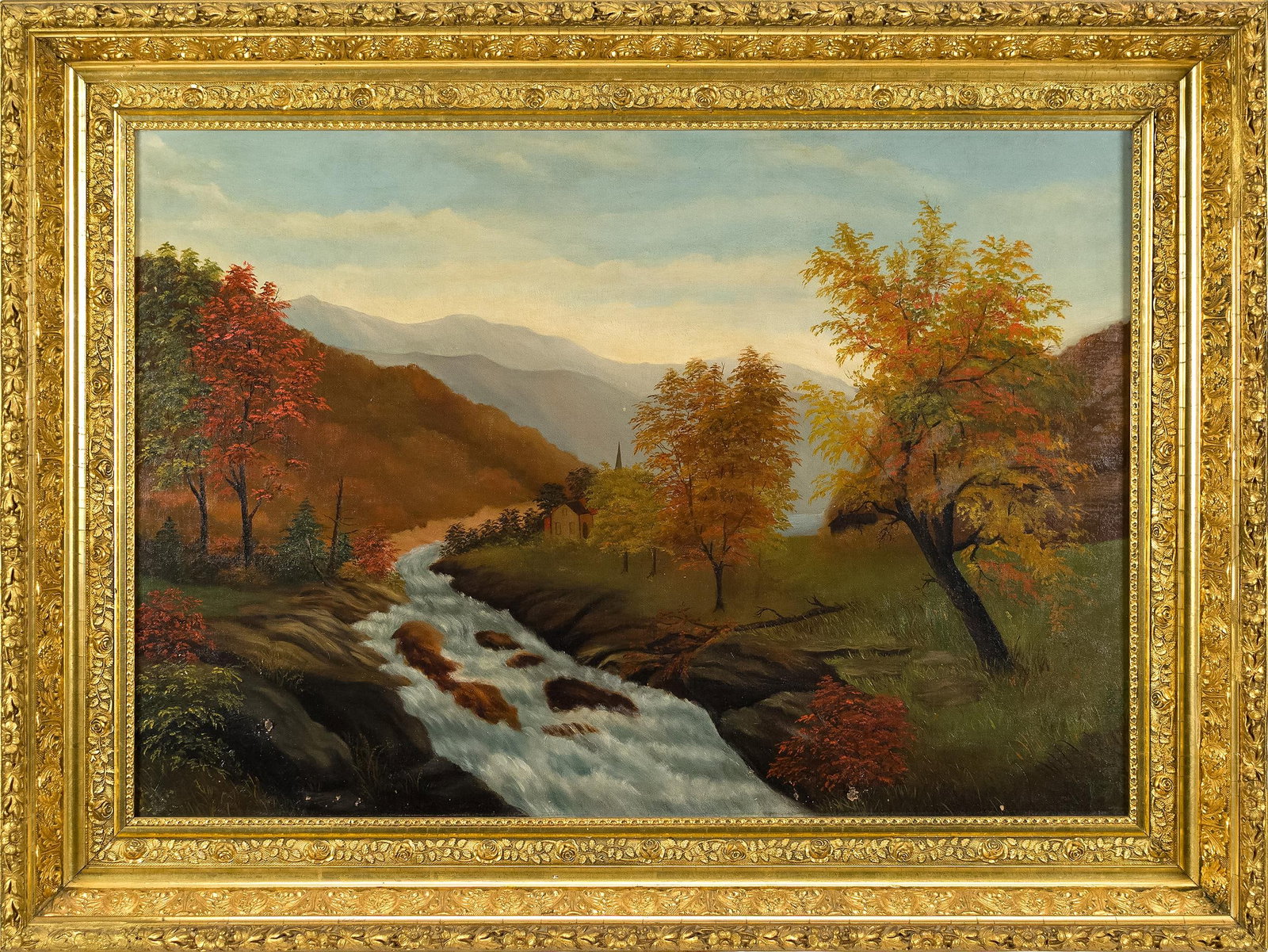 19TH C. AMERICAN SCHOOL PRIMITIVE LANDSCAPE.: A 19th C. American School primitive landscape, oil on canvas. An autumn view of a rushing brook running through a wooded valley, the trees in red and gold foliage, with a farmhouse and a church spire