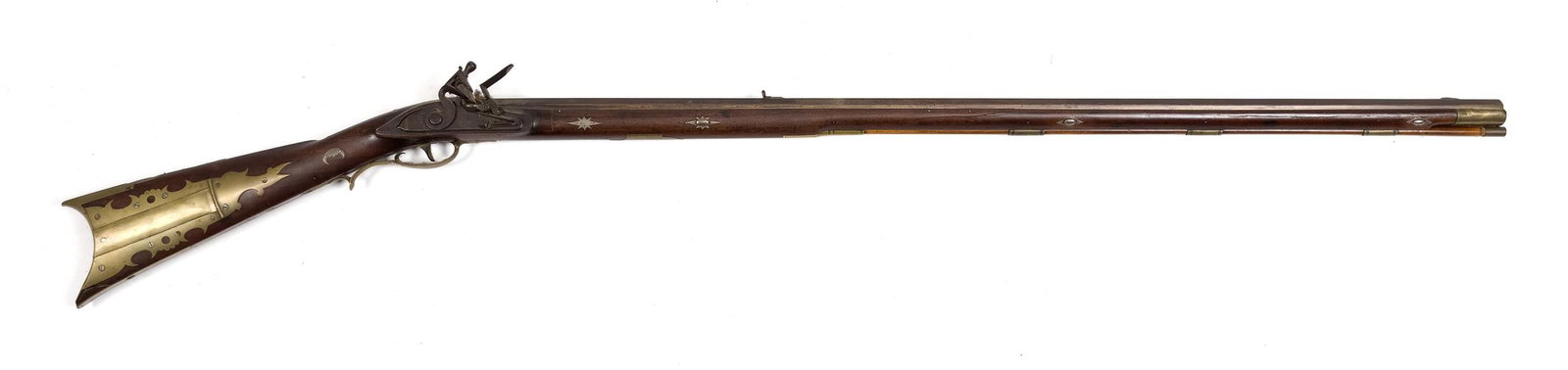 ANTIQUE WILLIAM GARDNER AMERICAN FLINTLOCK RIFLE.: An antique W. Gardner Geneva (NY) flintlock long gun, marked on the barrel 'W. Gardner Geneva’. brass-inlaid and silver mounted decorated stock, flintlock action and octagonal barrel.