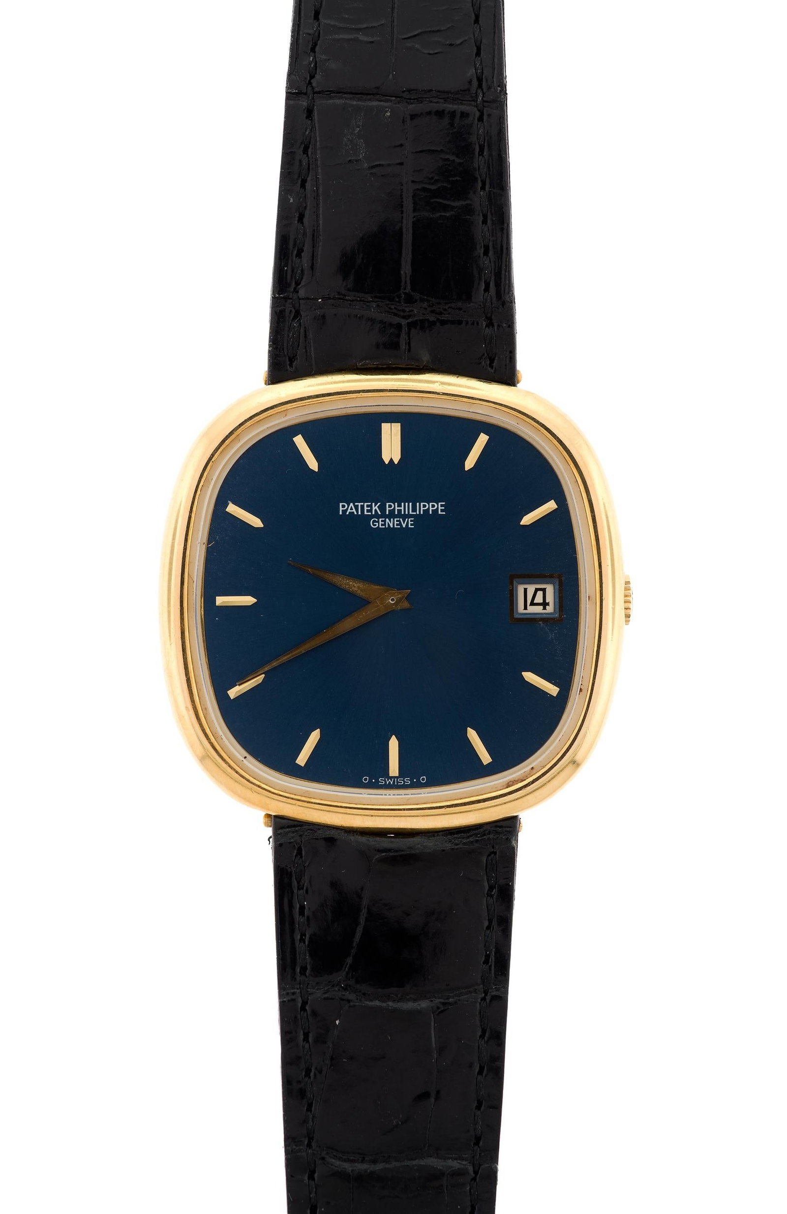 VINTAGE MEN'S 18K GOLD PATEK PHILIPPE WRIST WATCH.: A vintage, men's, 18k yellow gold (stamped), Patek Philippe, wrist watch, 35.5mm rounded, square case, blue dial w/ dashes numerals and date, case back is also gold, black leather strap with the origi