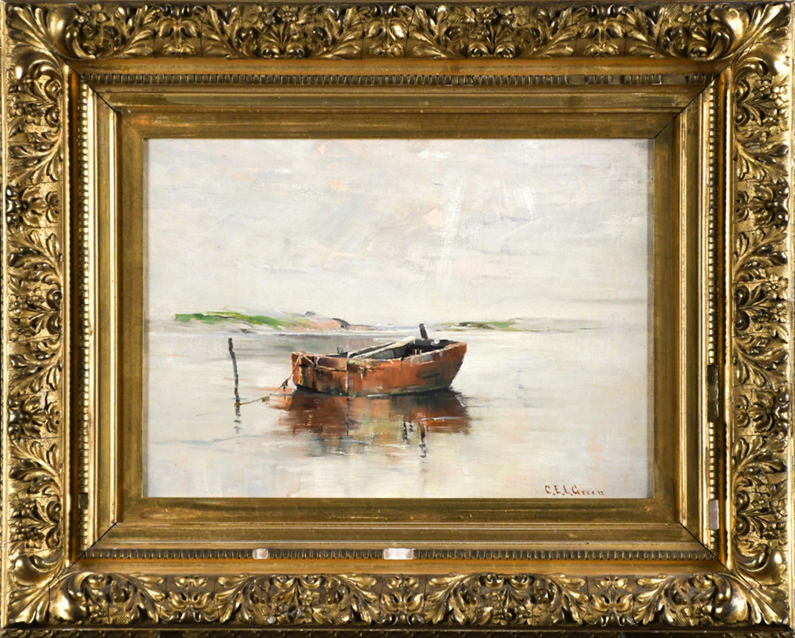 19TH C. C.E.L. GREEN MOORED DORY MARINE.: A ca. 1900 marine by Charles Edwin Lewis Green (Massachusetts, 1844-1915), oil on canvas, signed C.E.L. Green lower right. A red hulled dory moored in still shallow water at a mooring stake, a low