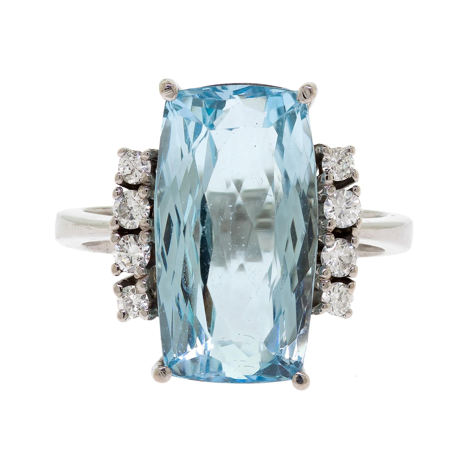 VINTAGE 18K GOLD AQUAMARINE & DIAMOND RING.: A vintage, 18k white gold (stamped) ring set with an approx. 6 ct., modified brilliant, rectangular, medium-light, strongly-greenish blue, aquamarine with approx. .25 ct. tw., round brilliant cut,