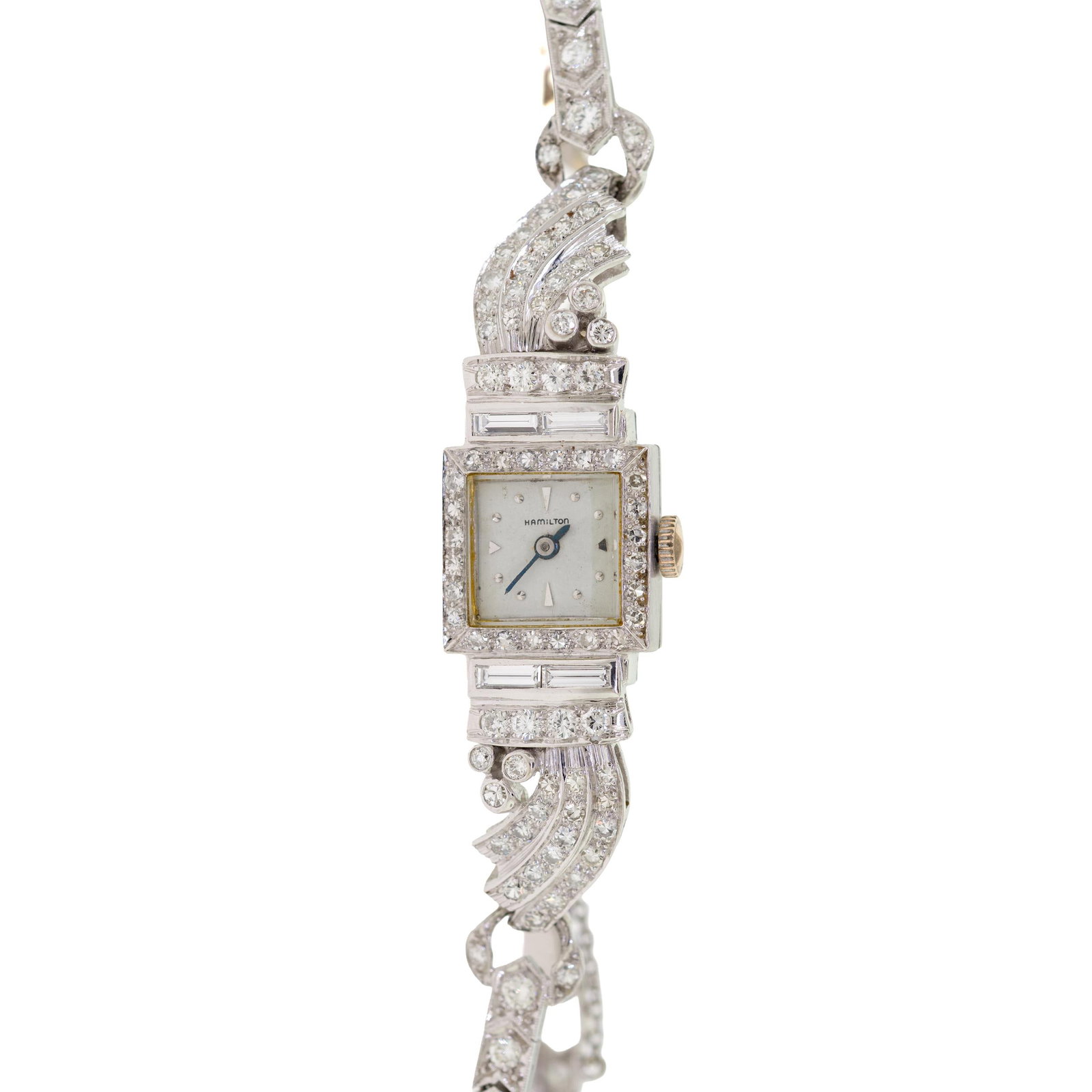 VINTAGE HAMILTON PLATINUM DIAMOND WATCH.: A lady's vintage, platinum (stamped), Hamilton wrist watch, set with approx. 2.0 ct. tw., round brilliant, single and baguette cut, natural diamonds of G-H color and VS clarity, 14.5mm case, 6 3/4