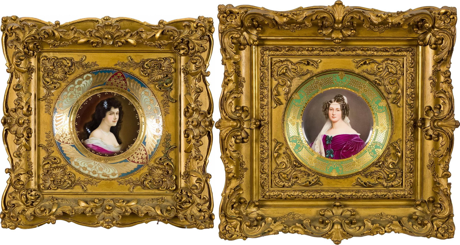 TWO 19TH C. FRAMED ROYAL VIENNA PORTRAIT PLATES.: Two ca. 1890 Royal Vienna porcelain portrait plates in ornate Victorian giltwood frames, including: a plate painted with a bust portrait of a dark haired young woman with a pearl necklace and a jewele