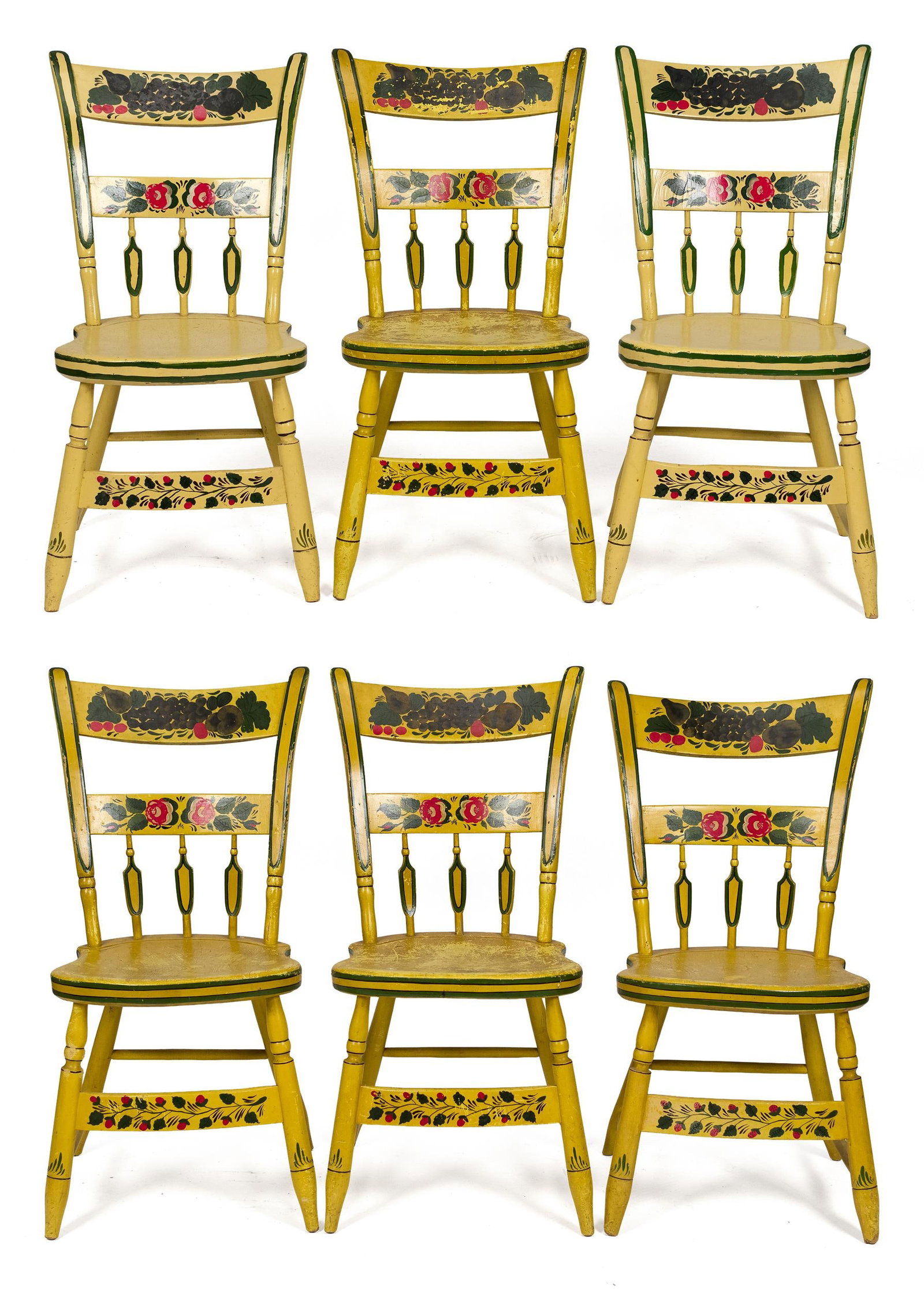 SIX 19TH C. PAINT-DECORATED THUMBBACK COUNTRY CHAIRS.: A set of six 19th C. country thumbback and arrowback dining chairs, in a 20th C. polychrome paint decoration on a yellow ground. A shaped thumbback crest rail decorated with fruit and grape motifs