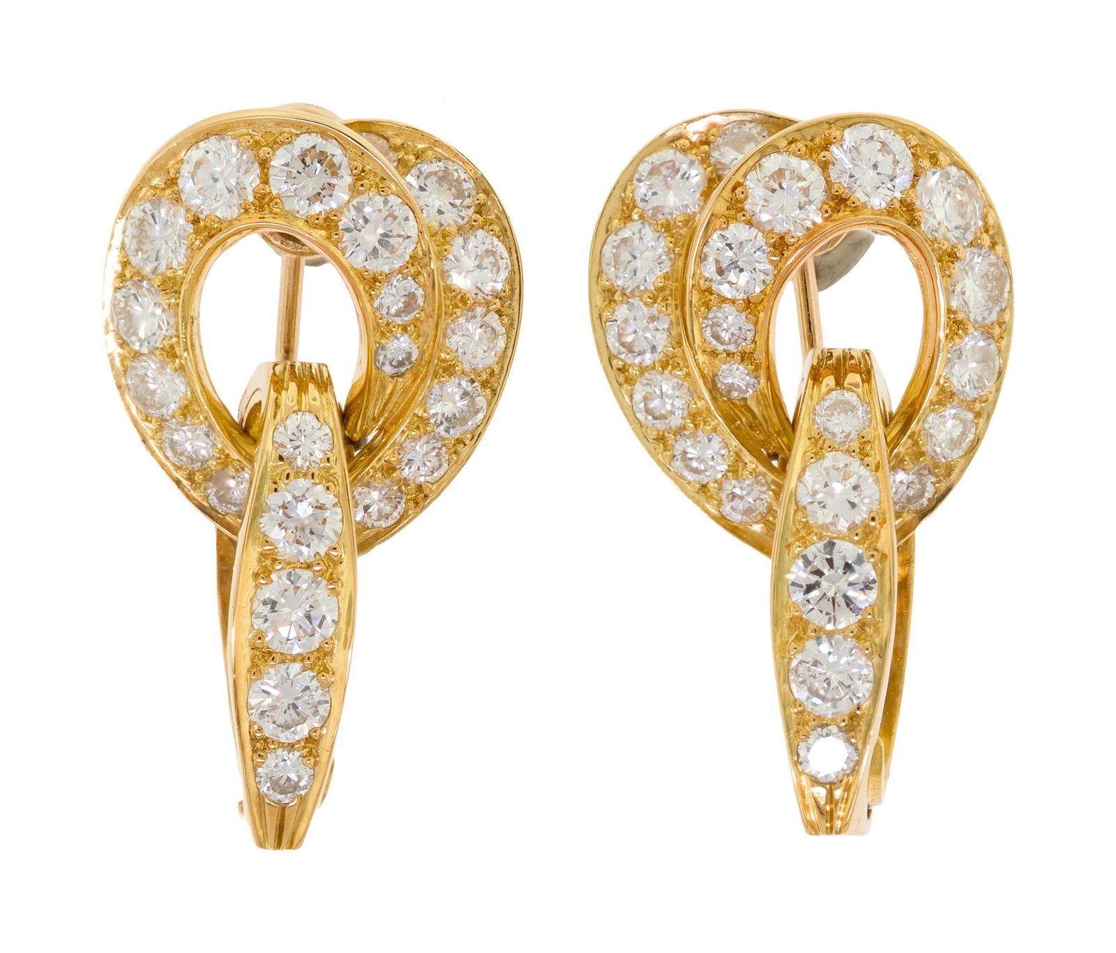 18K GOLD 2.5 CTW DIAMOND SCREWBACK EARRINGS.: A pair of 18k yellow gold (stamped) screwback earrings with open and close bottoms for hanging drops, marked CY, set with approx. 2.5 ct. tw., round brilliant cut, natural diamonds of F-G color and