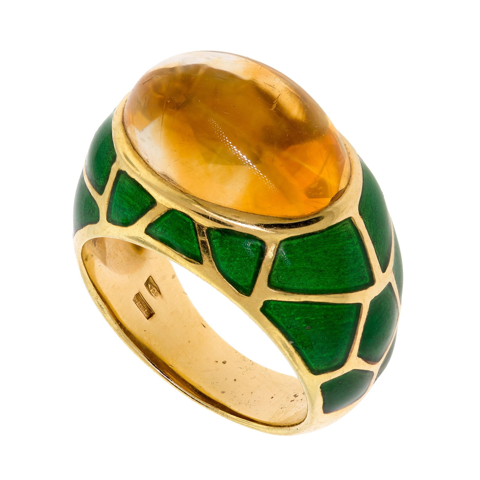 ITALIAN 18K GOLD GREEN ENAMEL & CITRINE RING.: An 18k yellow gold (stamped, *1932 AL), green enamel ring, marked Italy, set with an approx. 8 ct., light orangish-yellow, citrine. Ring size 7 1/4, 14mm wide, 12.3 grams, including a vintage green,