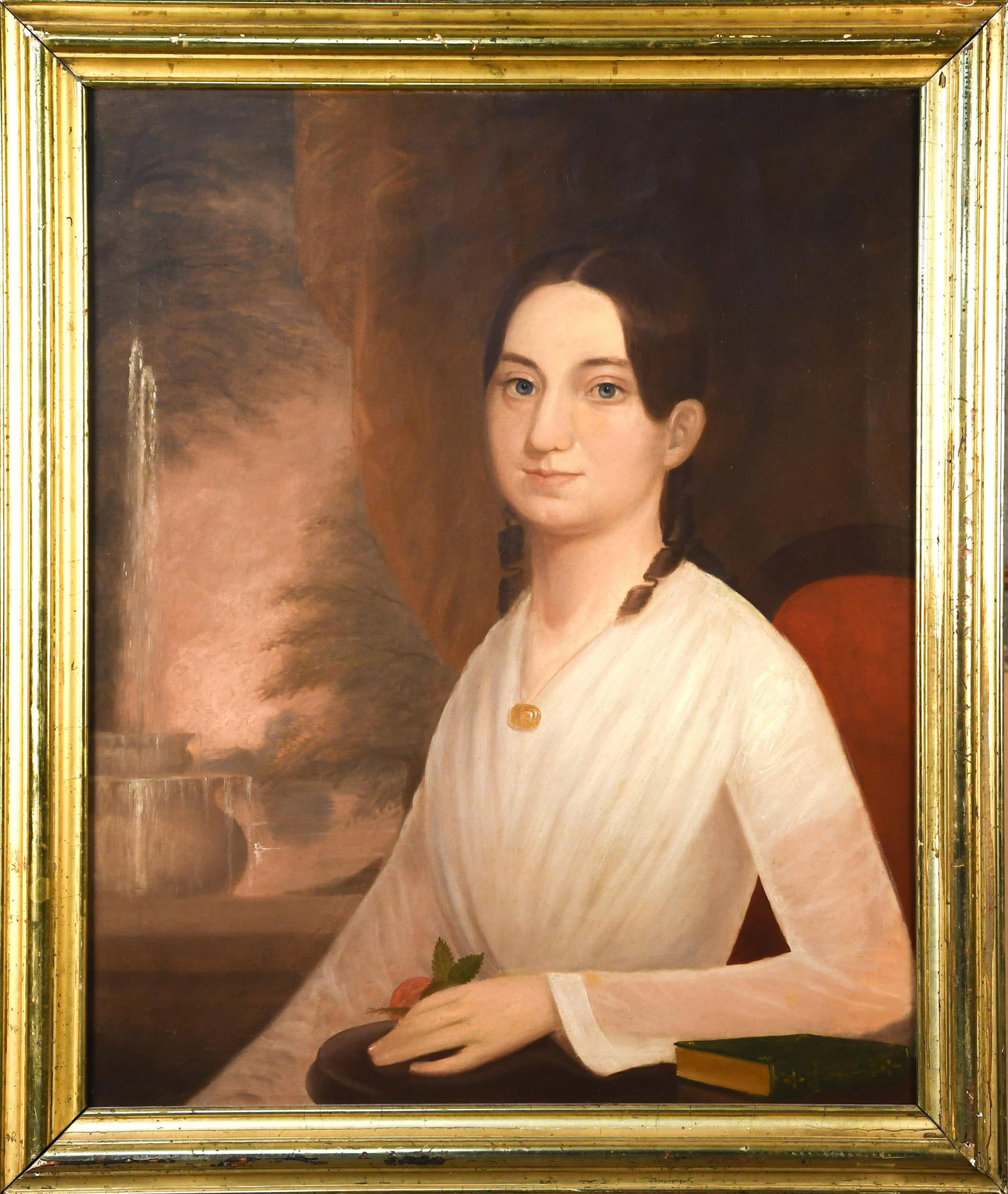 19TH C. OIL, PORTRAIT OF WOMAN.: An early 19th C. oil on canvas, portrait of a woman in white dress holding a rose, seated in red chair with fountain in distance. Image 32” x 26”, frame 38” x 32”.