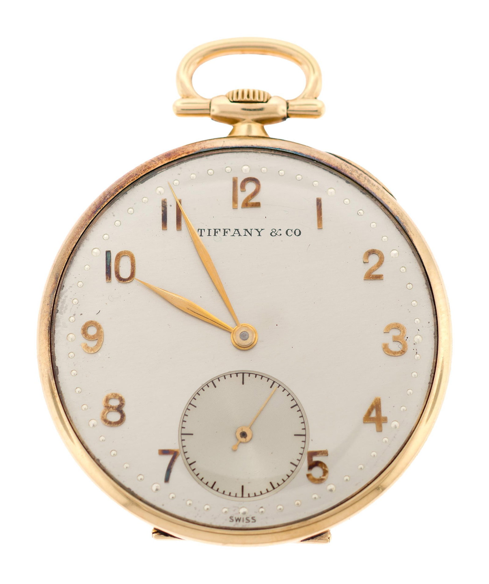 ANTIQUE TIFFANY & CO. 14K GOLD SLIM POCKET WATCH.: An antique, Tiffany & Co., 14k yellow gold (stamped), open face, slim pocket watch, International Watch Co. movement, case marked 75244, 17 jewels, adjusted 3 positions, approx. 44mm case, monogram