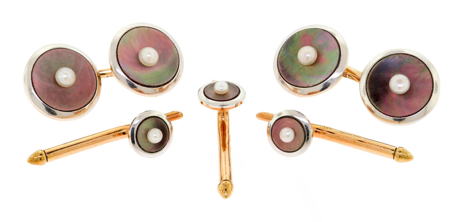 TIFFANY & CO. 14K GOLD CUFFLINK SET W/ BOX.: Signed, Tiffany & Co., 14k yellow and white gold (stamped), black, mother-of-pearl, cufflinks and shirt stud set (3) with 3.3mm button and seed pearls, including the original, navy blue suede, Tiffany
