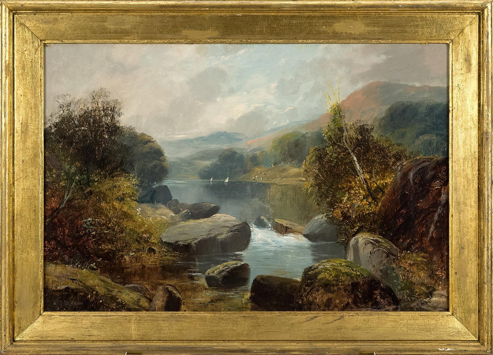 19TH C. HIGHLAND LANDSCAPE WITH WATERFALL.: A 19th C. landscape, oil on canvas, unsigned. A rocky gorge with a waterfall in the foreground, a leaning tree at the left, wooded hillsides rising to a cliff face beyond under a clouded sky, in a