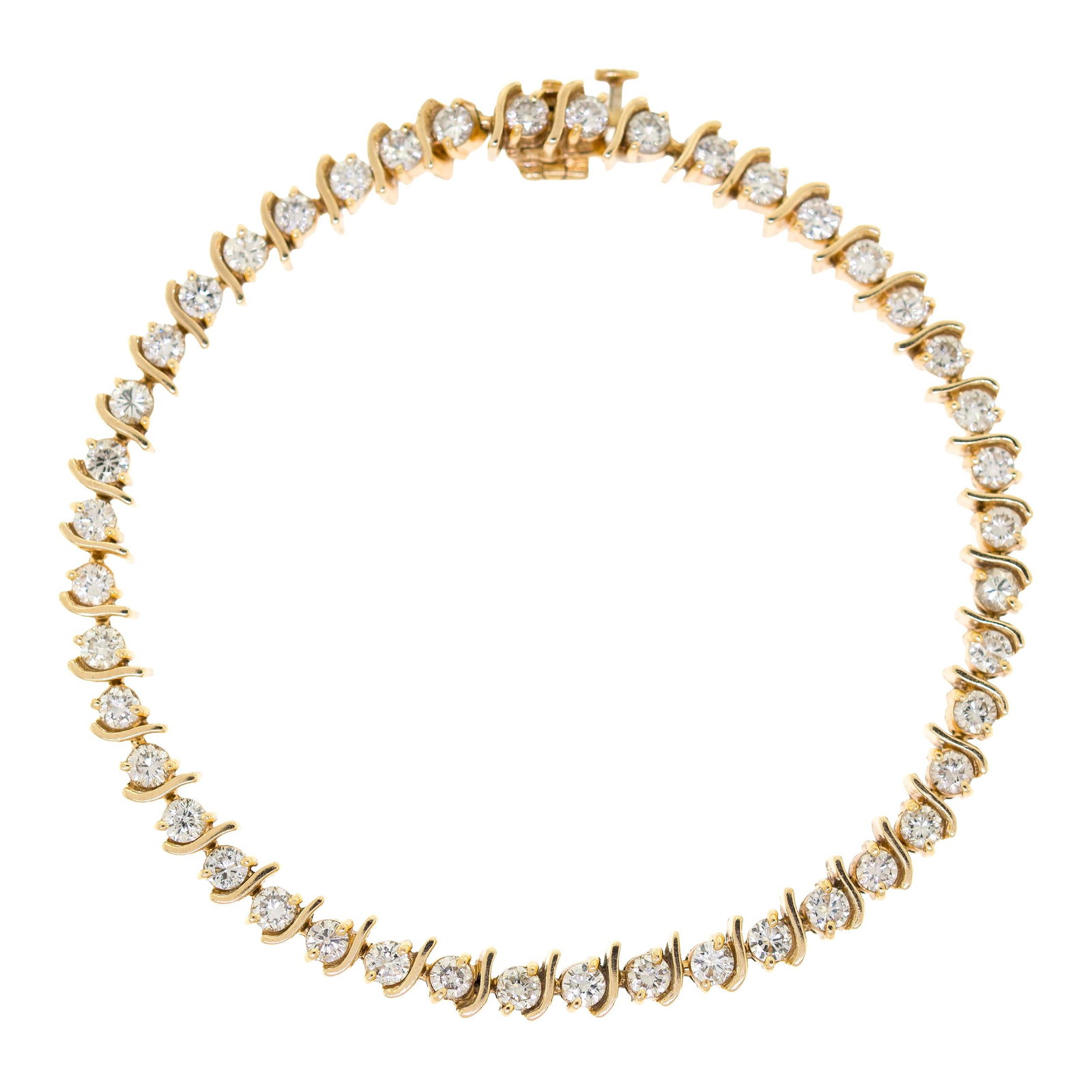 14K GOLD 4.5 CTW DIAMOND ”S” LINK BRACELET.: A 14k yellow gold (stamped), ”S” link bracelet, set with approx. 4.5 ct. tw., round brilliant cut, natural diamonds of H-I color and SI clarity, 5mm wide, 7 1/4 inches long, 16.7 grams.