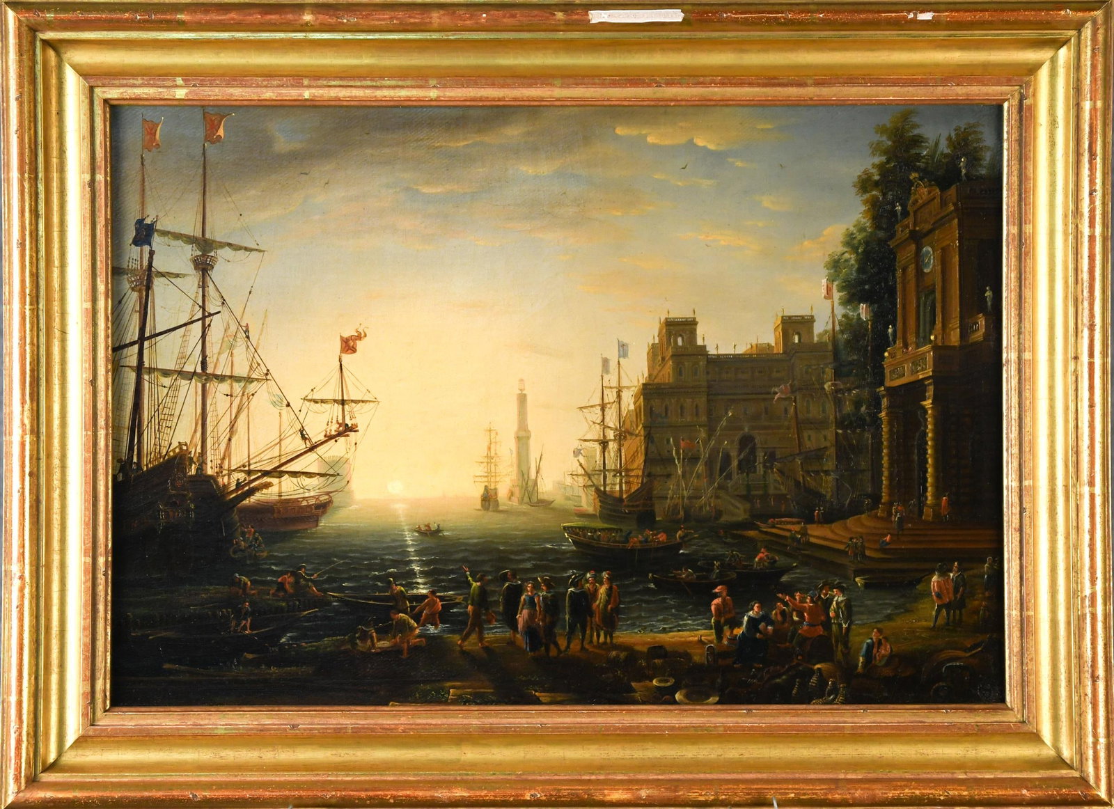 19TH C. OIL AFTER CLAUDE LORRAIN, PORT SCENE.: A 19th C. oil on canvas, copy of Claude Lorrain’s 1637 “Port Scene with the Villa Medici” located in the Uffizi Gallery, Florence. Depicting a bustling Mediterranean port with