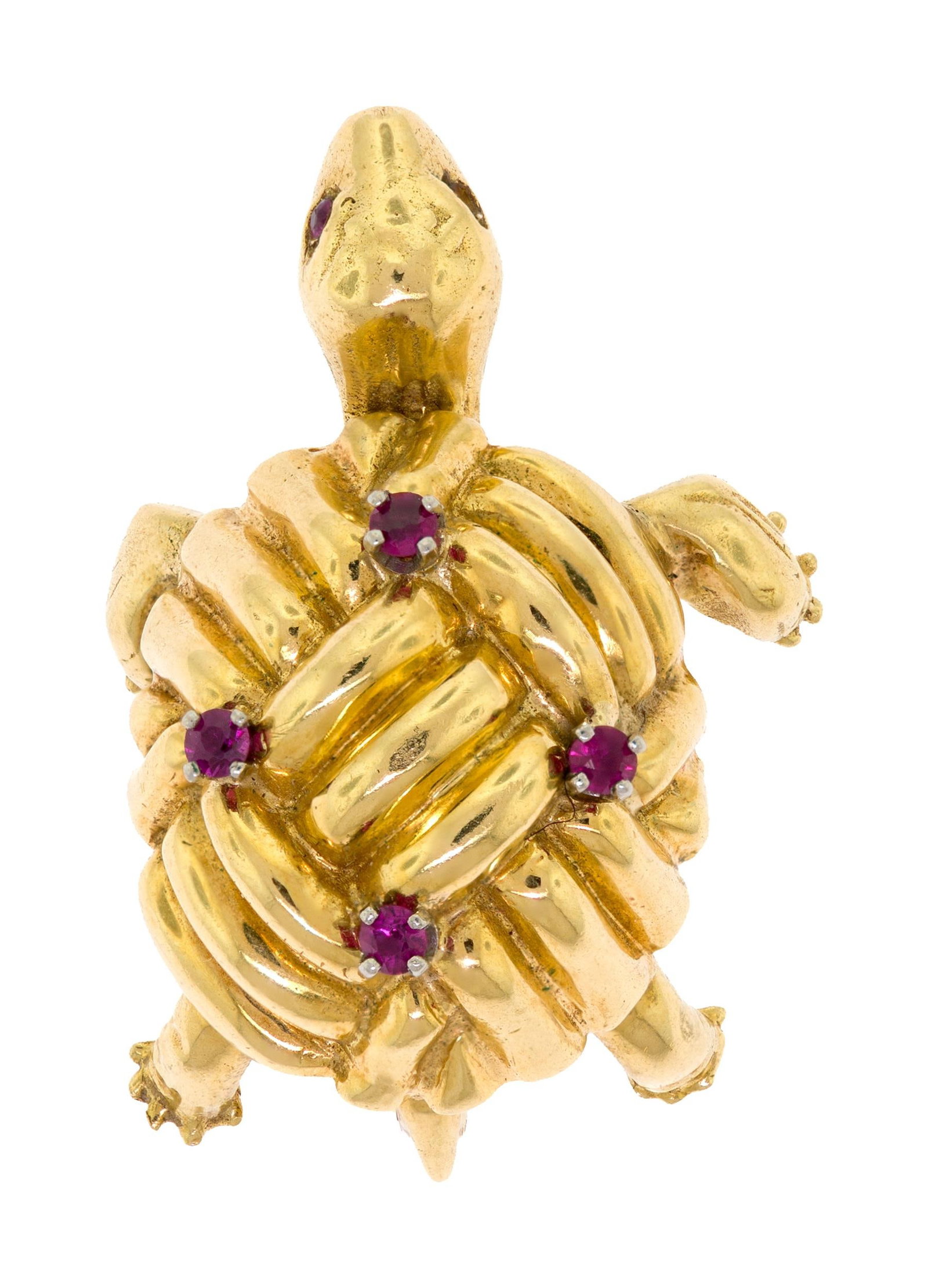 VINTAGE 18K GOLD RUBY TORTOISE PIN. - 2