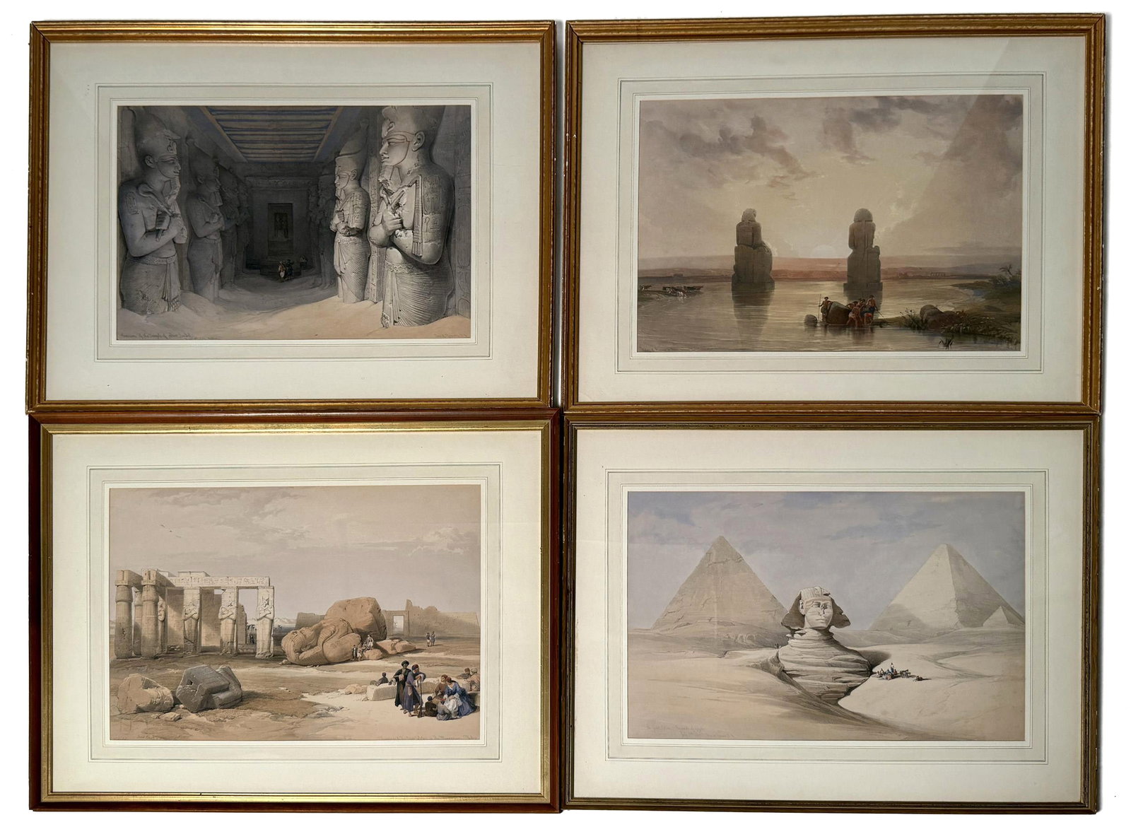 NINE 19TH C. DAVID ROBERTS EGYPT LITHOGRAPHS.: Eleven hand colored lithographs after David Roberts, R.A., from Egypt and Nubia, lithographed by Louis Haghe with historical descriptions by William Brockedon, published by F. G. Moon, London,