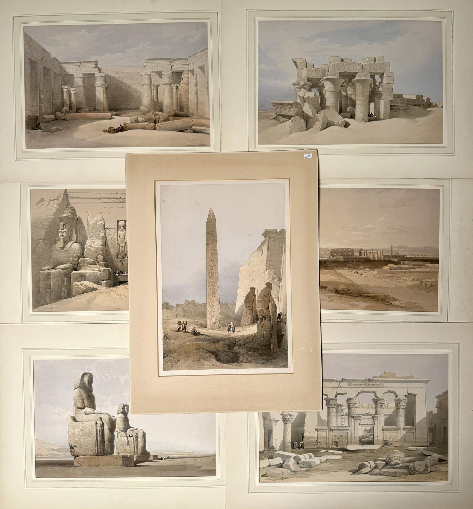 SEVEN 19TH C. DAVID ROBERTS EGYPT LITHOGRAPHS.: Seven hand colored lithographs after David Roberts, R.A., from Egypt and Nubia, lithographed by Louis Haghe, published 1840s, including: the obelisk and colossi at the entrance to the Temple of