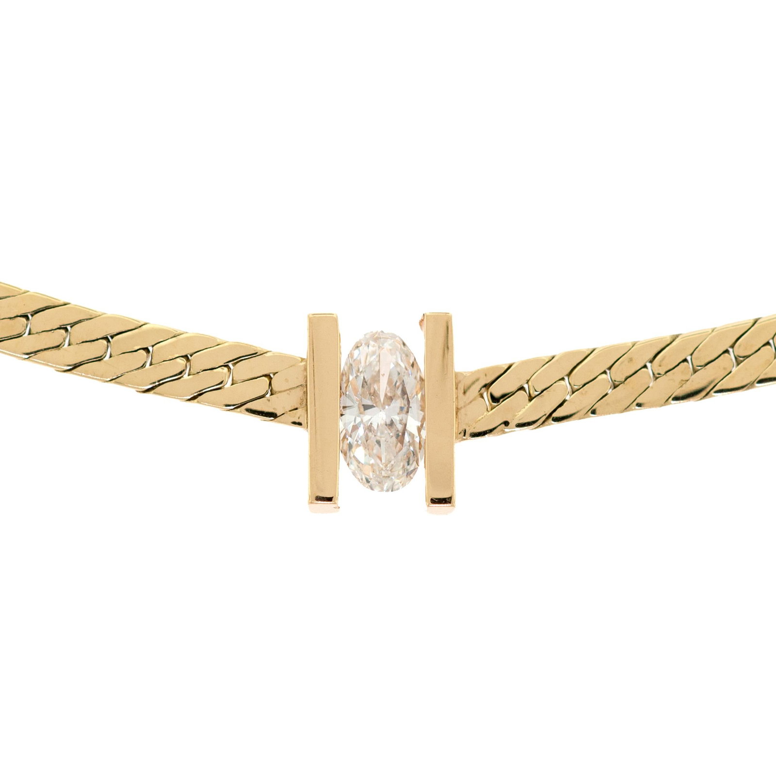 14K GOLD .50 CT. OVAL DIAMOND HERRINGBONE NECKLACE.: A contemporary, 14k yellow gold (stamped), herringbone necklace, bezel set with an approx. .50 ct., faceted oval, natural diamond of G color and VS-SI clarity, measuring, 7.25 x 4.15 x 2.36mm deep,