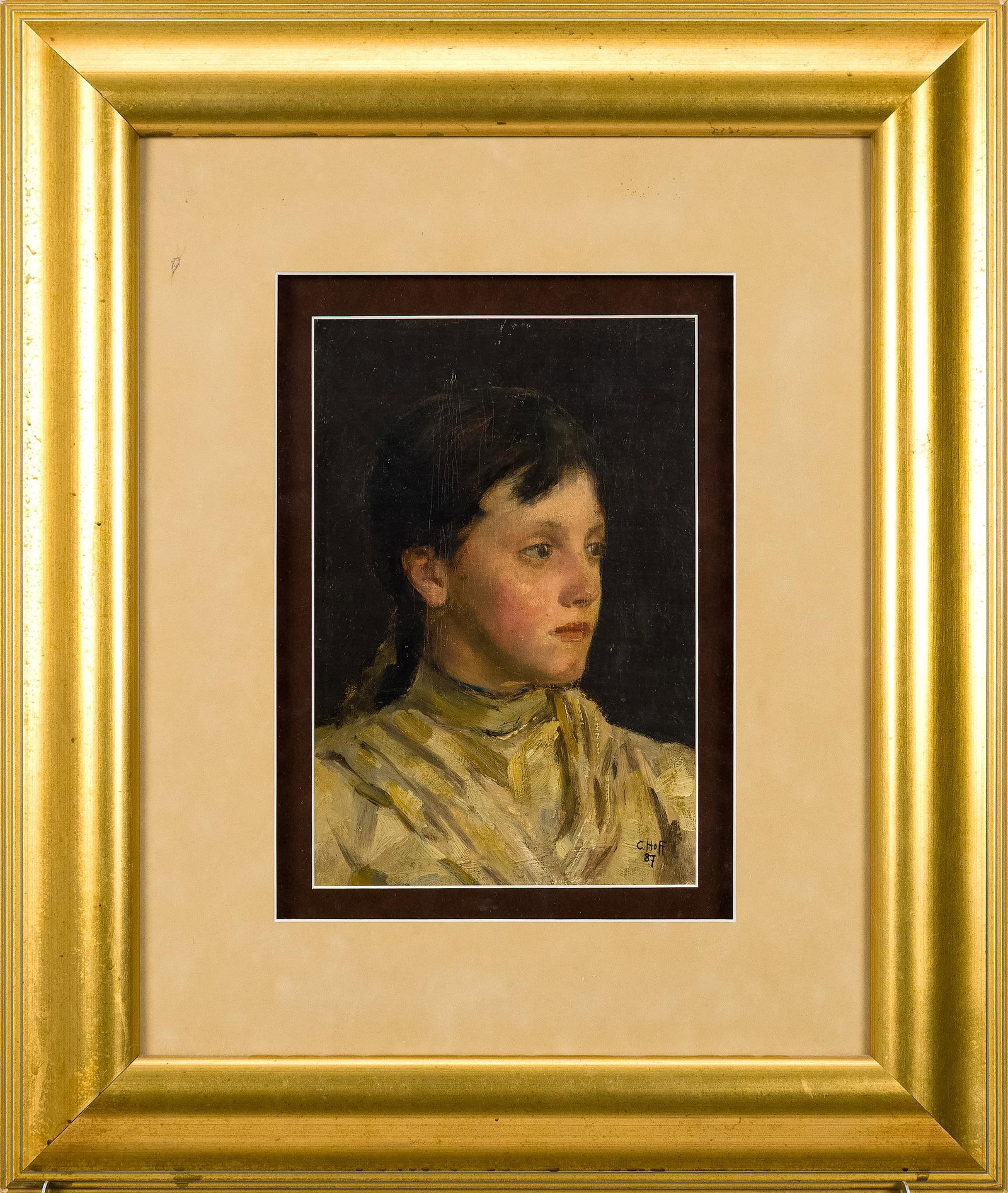 CARL HEINRICH HOFF PORTRAIT OF A YOUNG WOMAN.: Carl Heinrich Hoff, German, portrait of a young woman, oil on canvas, signed and dated C. Hoff 87 lower right. The sitter shown bust length turned to the right against a dark ground, wearing a high