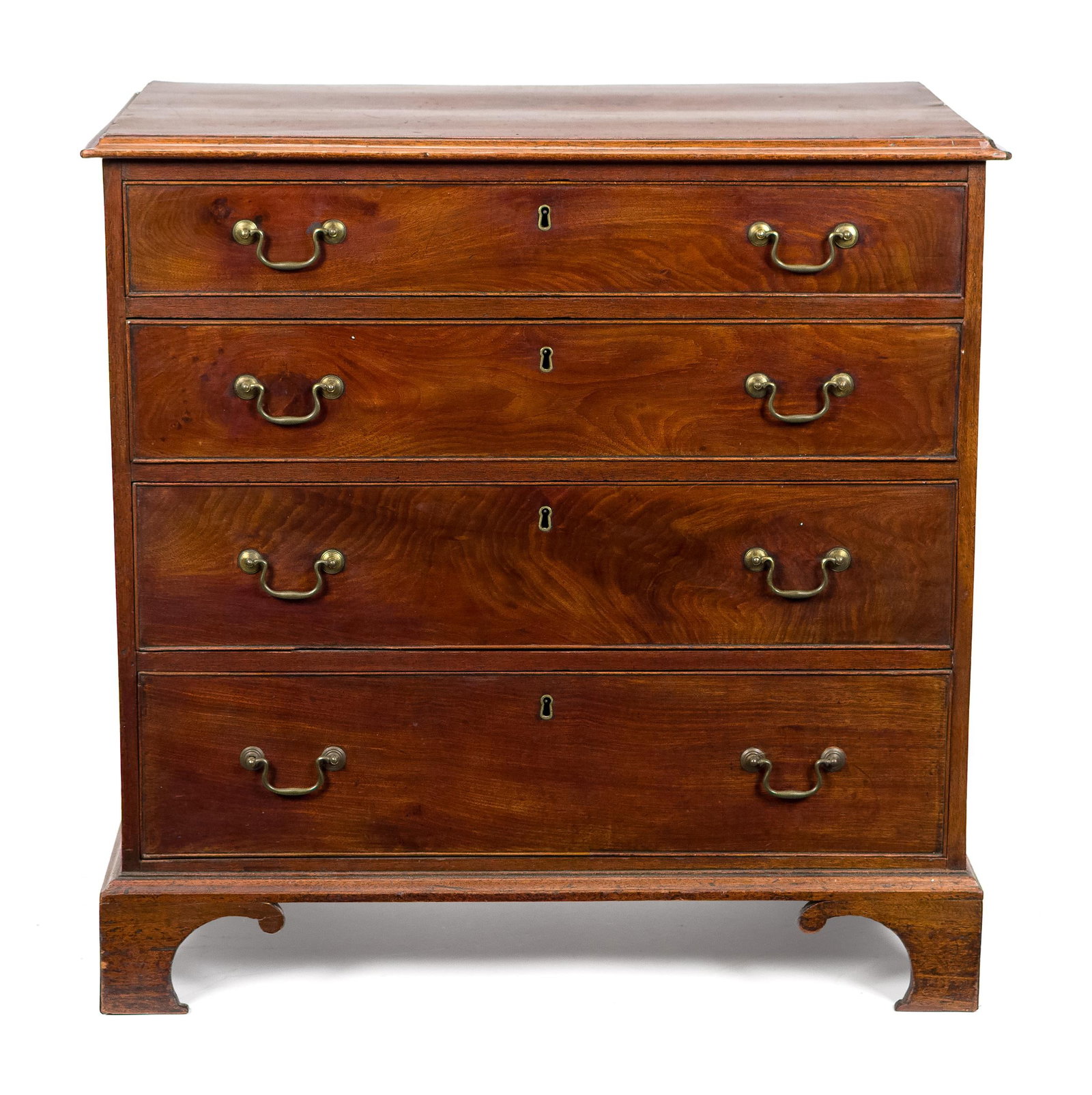 CHOICE CHIPPENDALE MAHOGANY FOUR DRAWER CHEST.: A ca. 1800 Chippendale mahogany four drawer chest of small size. The applied molded edge top above four graduated cockbeaded drawers retaining period and likely original brasses, raised on a uniquely 